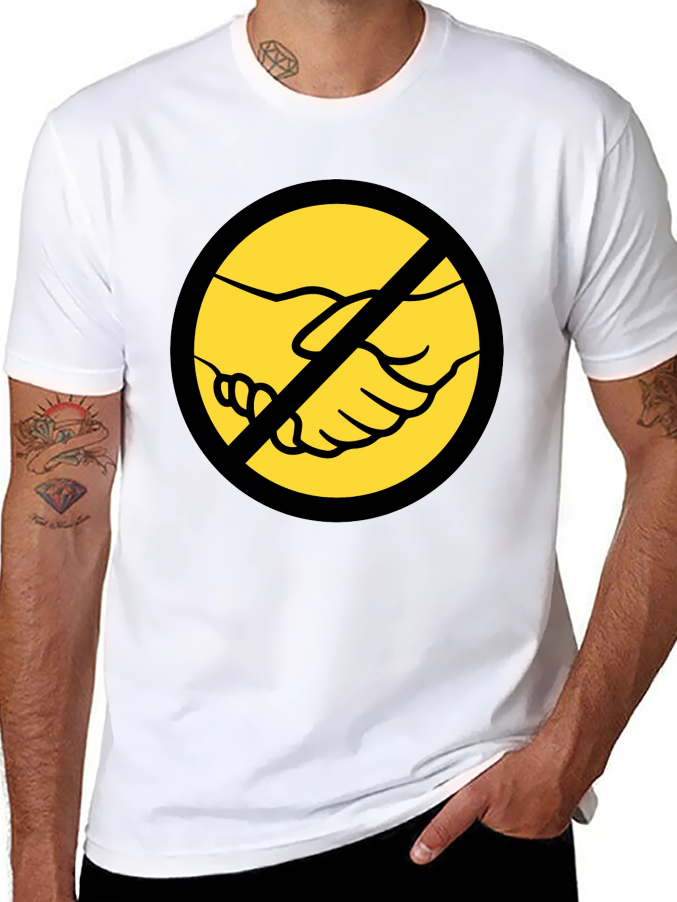 Anti-Handshake Graphic Tee - Black Crew Neck T-Shirt