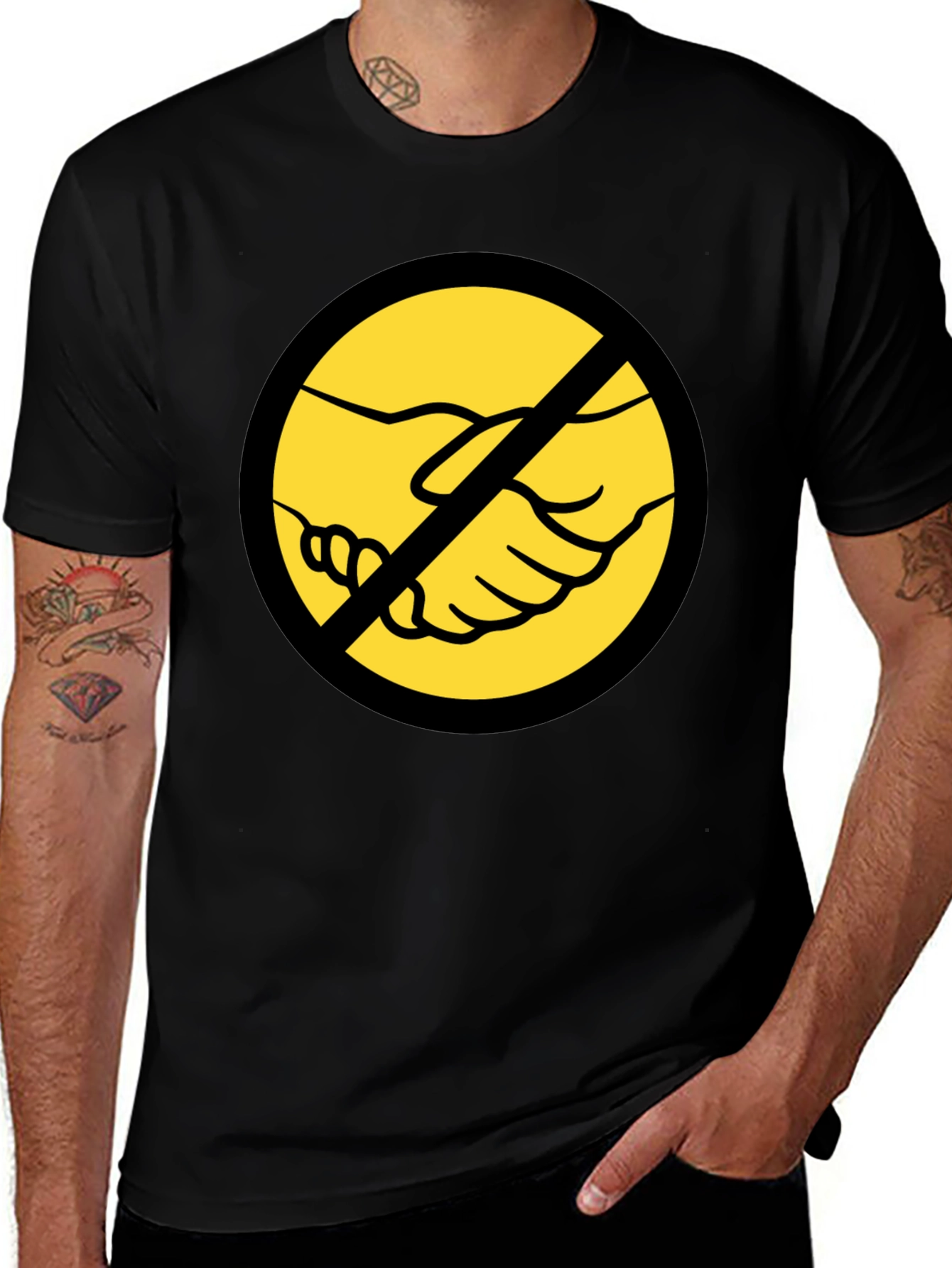Anti-Handshake Graphic Tee - Black Crew Neck T-Shirt