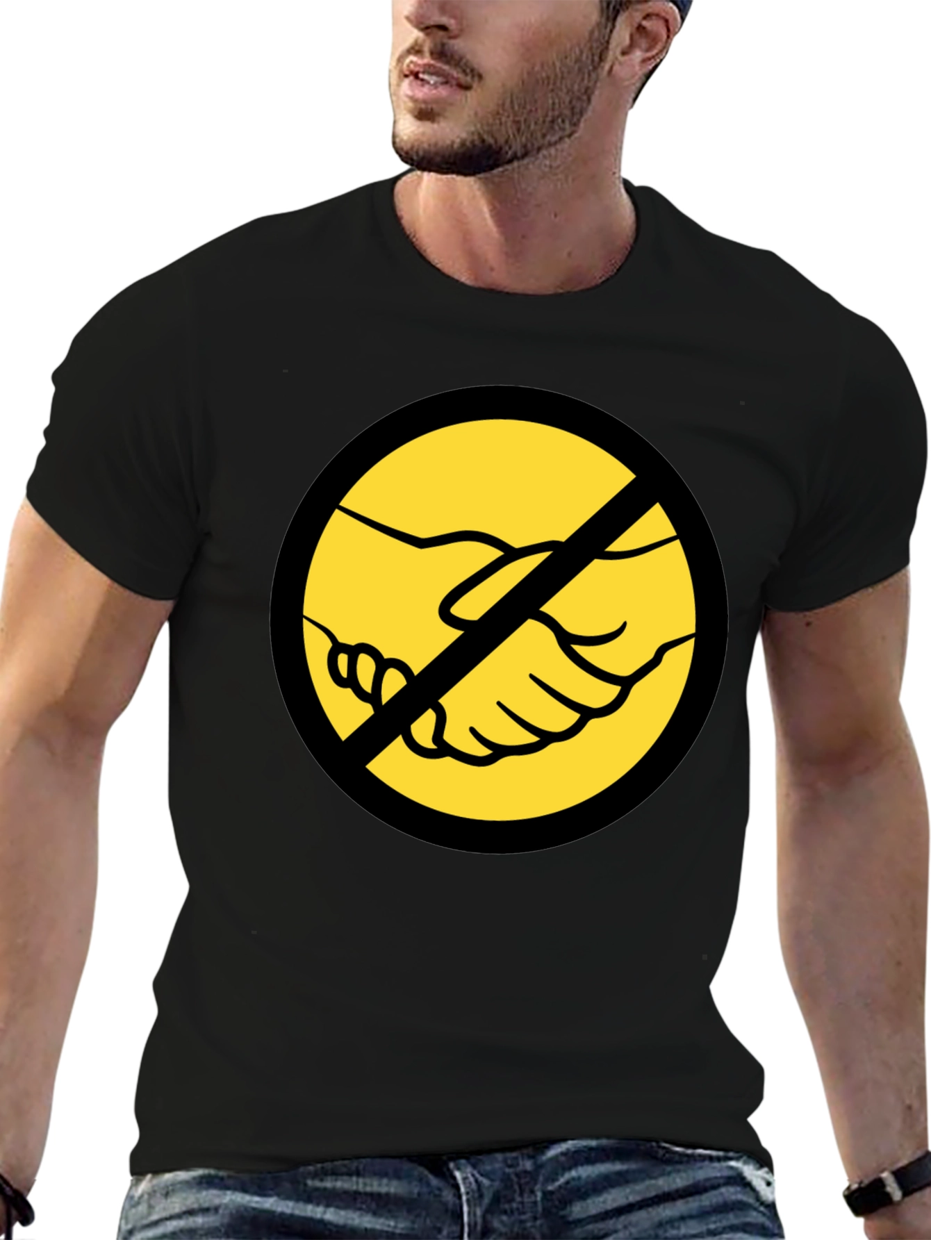 Anti-Handshake Graphic Tee - Black Crew Neck T-Shirt