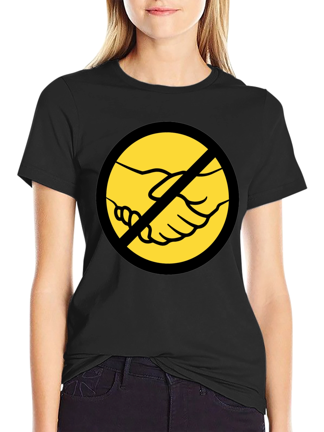 Anti-Handshake Graphic Tee - Black Crew Neck T-Shirt