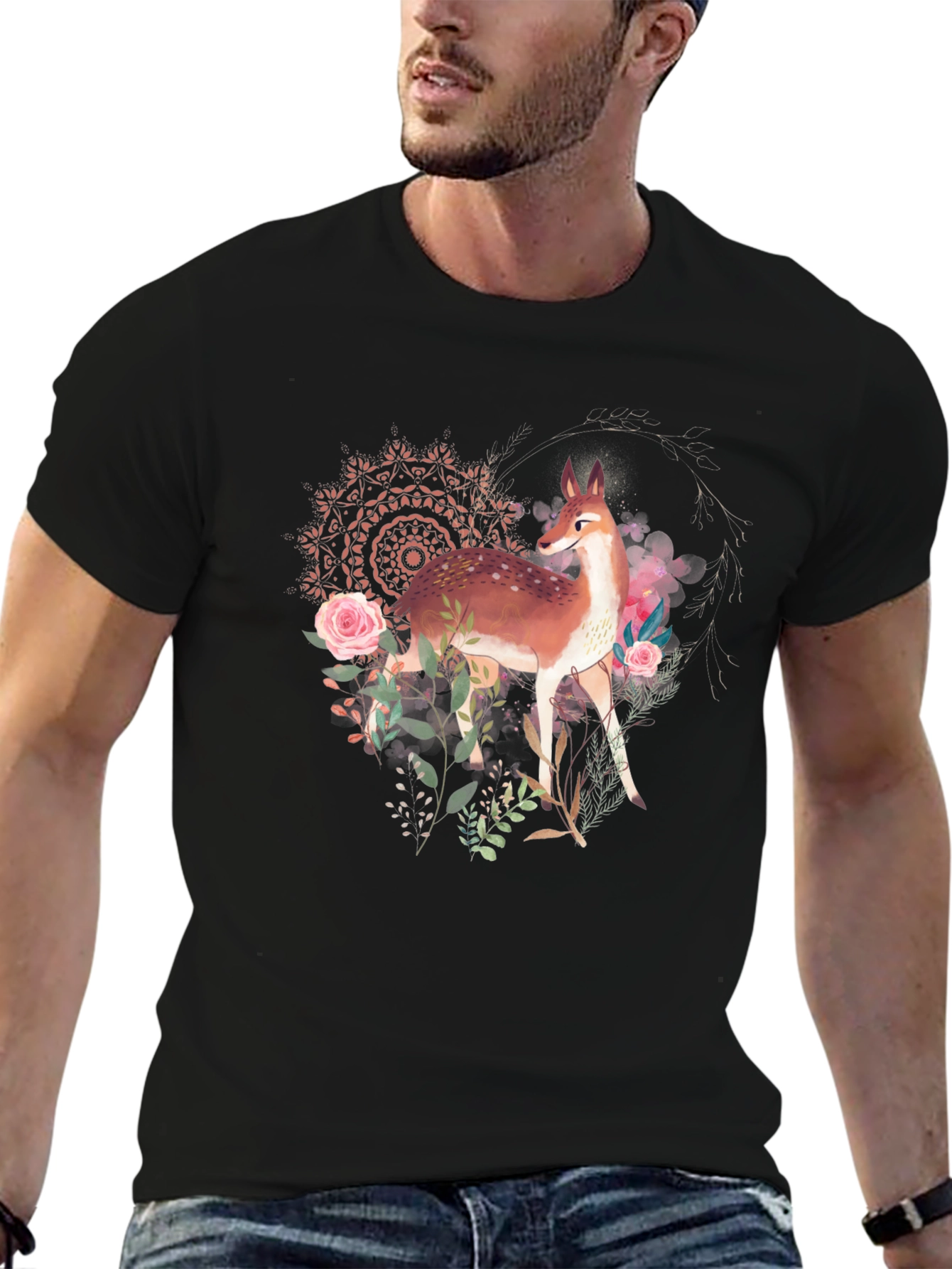 Deer Floral Graphic Tee - Black Unisex T-Shirt