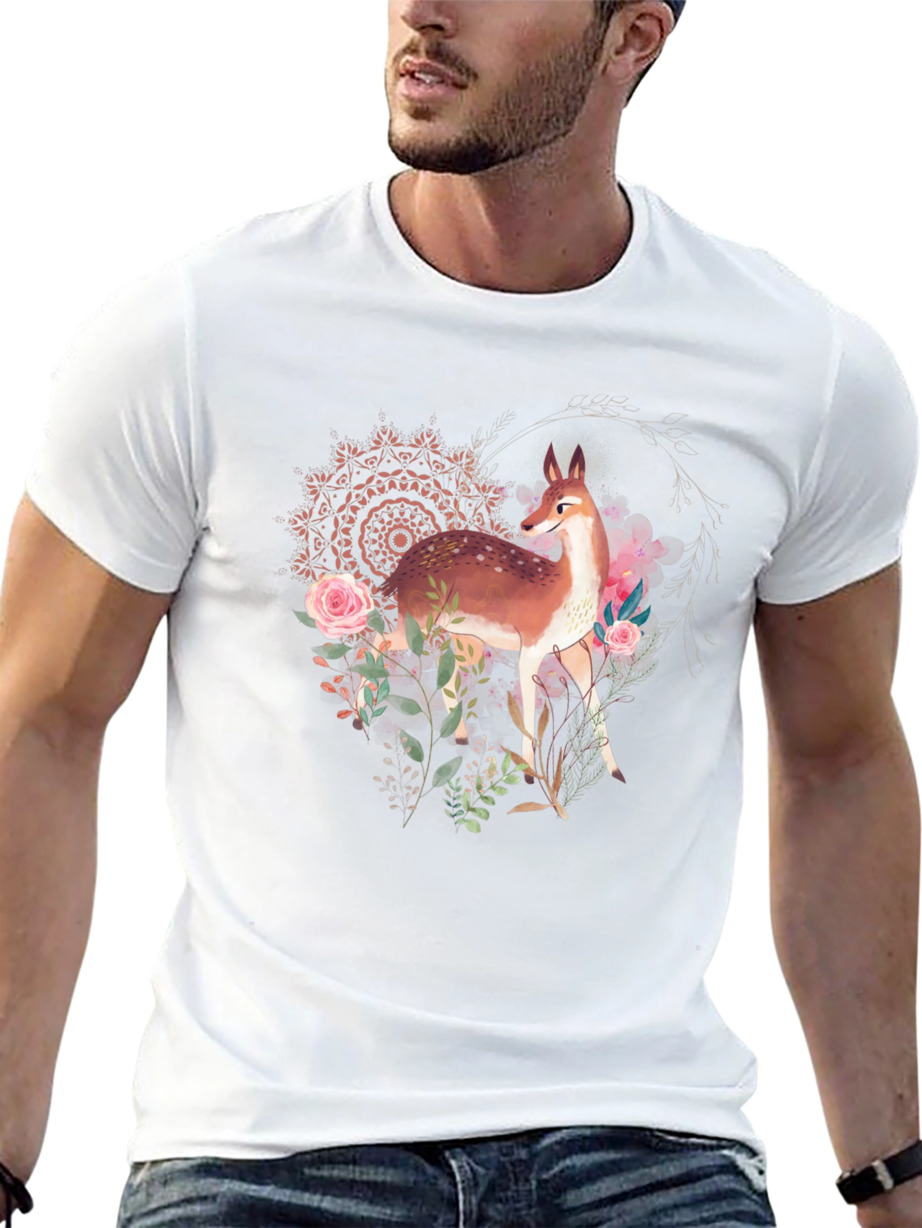 Deer Floral Graphic Tee - Black Unisex T-Shirt