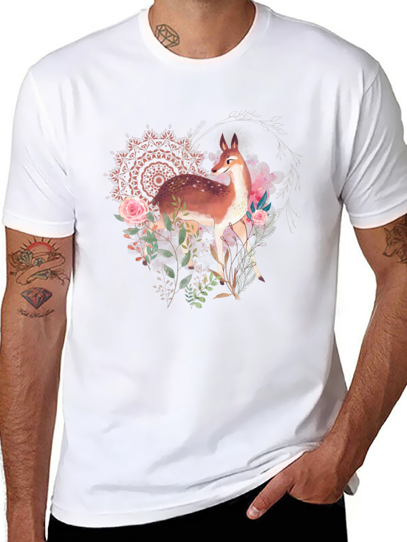 Deer Floral Graphic Tee - Black Unisex T-Shirt