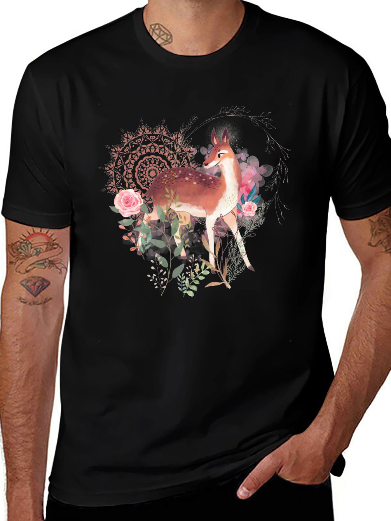 Deer Floral Graphic Tee - Black Unisex T-Shirt