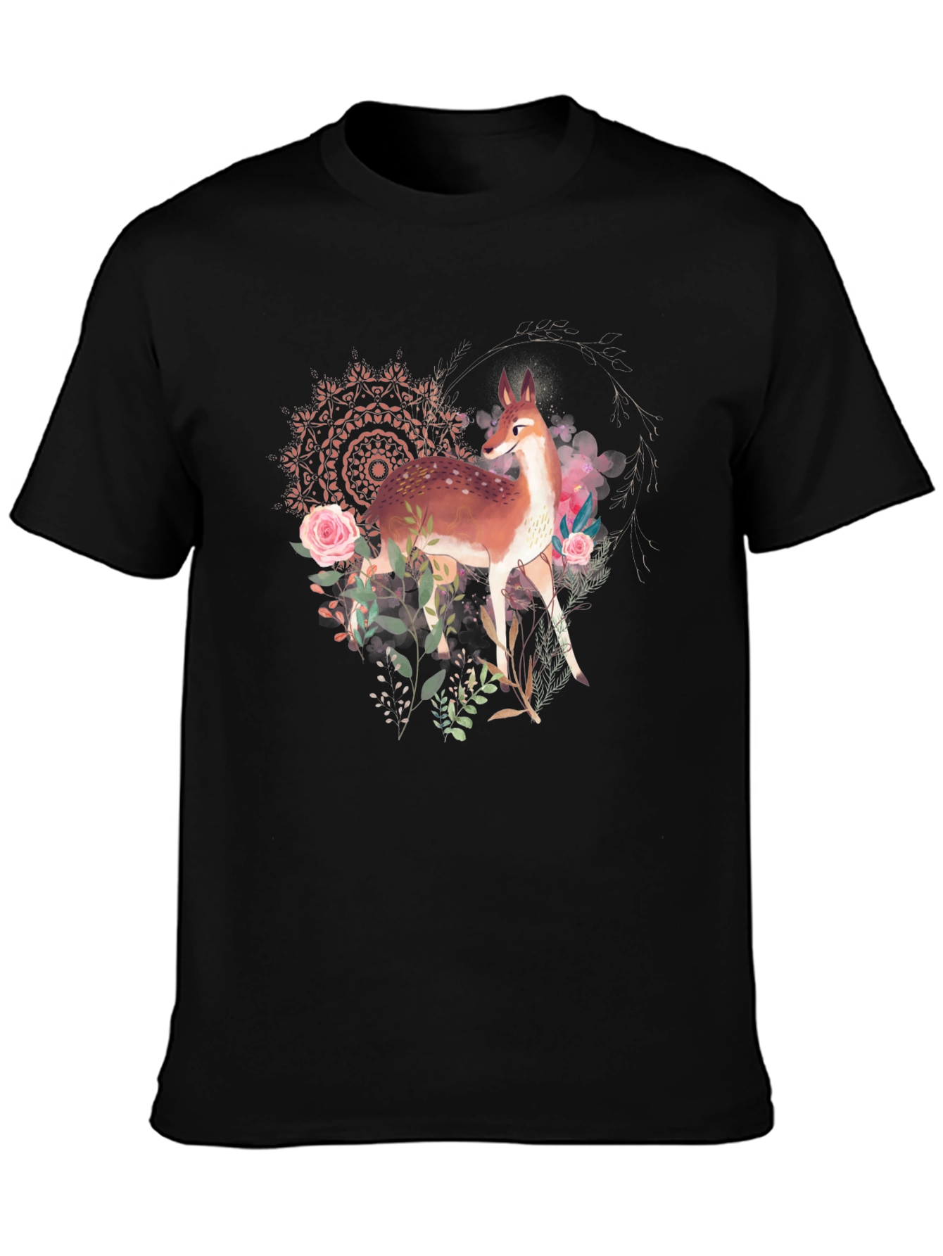 Deer Floral Graphic Tee - Black Unisex T-Shirt
