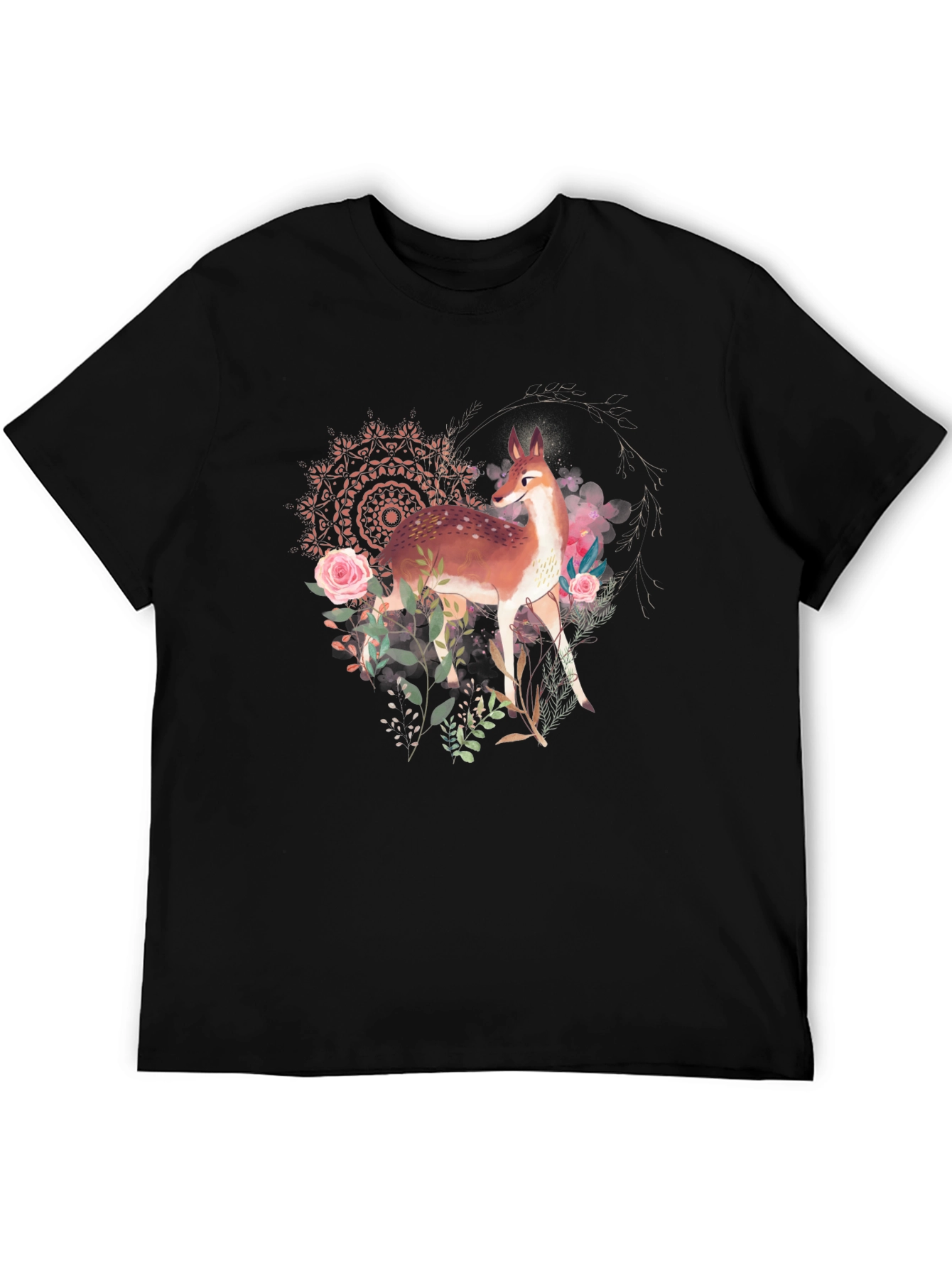 Deer Floral Graphic Tee - Black Unisex T-Shirt