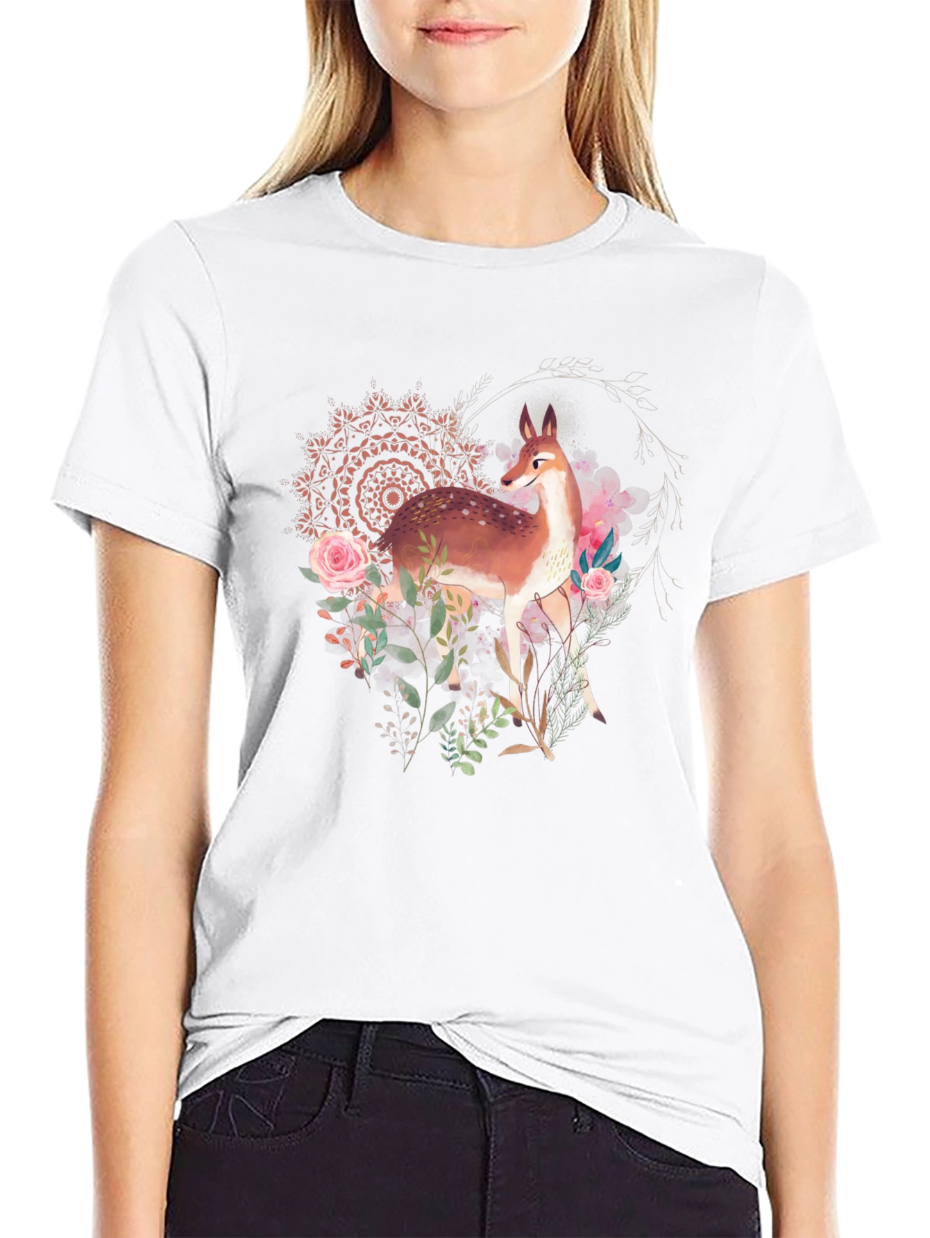 Deer Floral Graphic Tee - Black Unisex T-Shirt