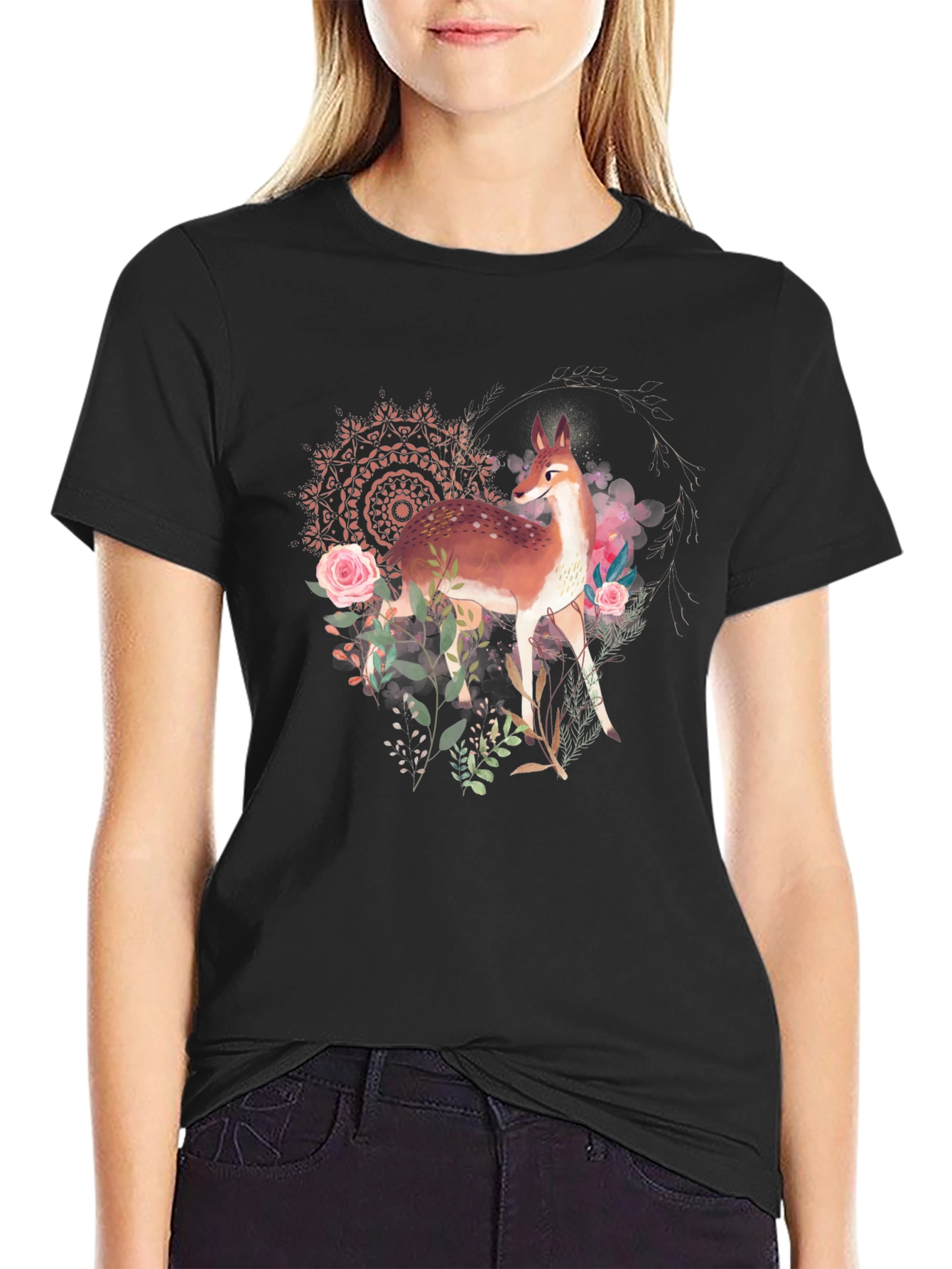 Deer Floral Graphic Tee - Black Unisex T-Shirt