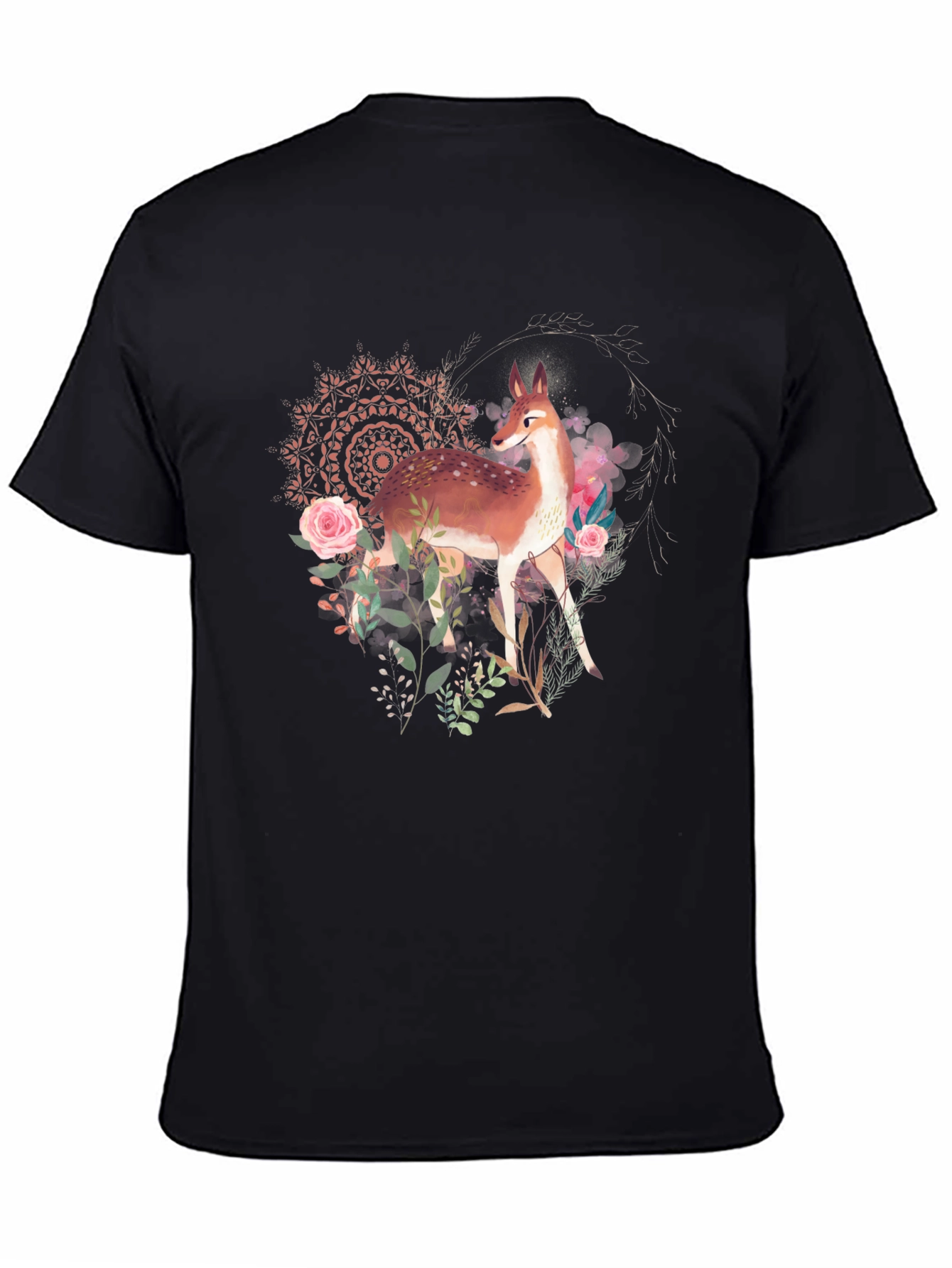 Deer Floral Graphic Tee - Black Unisex T-Shirt