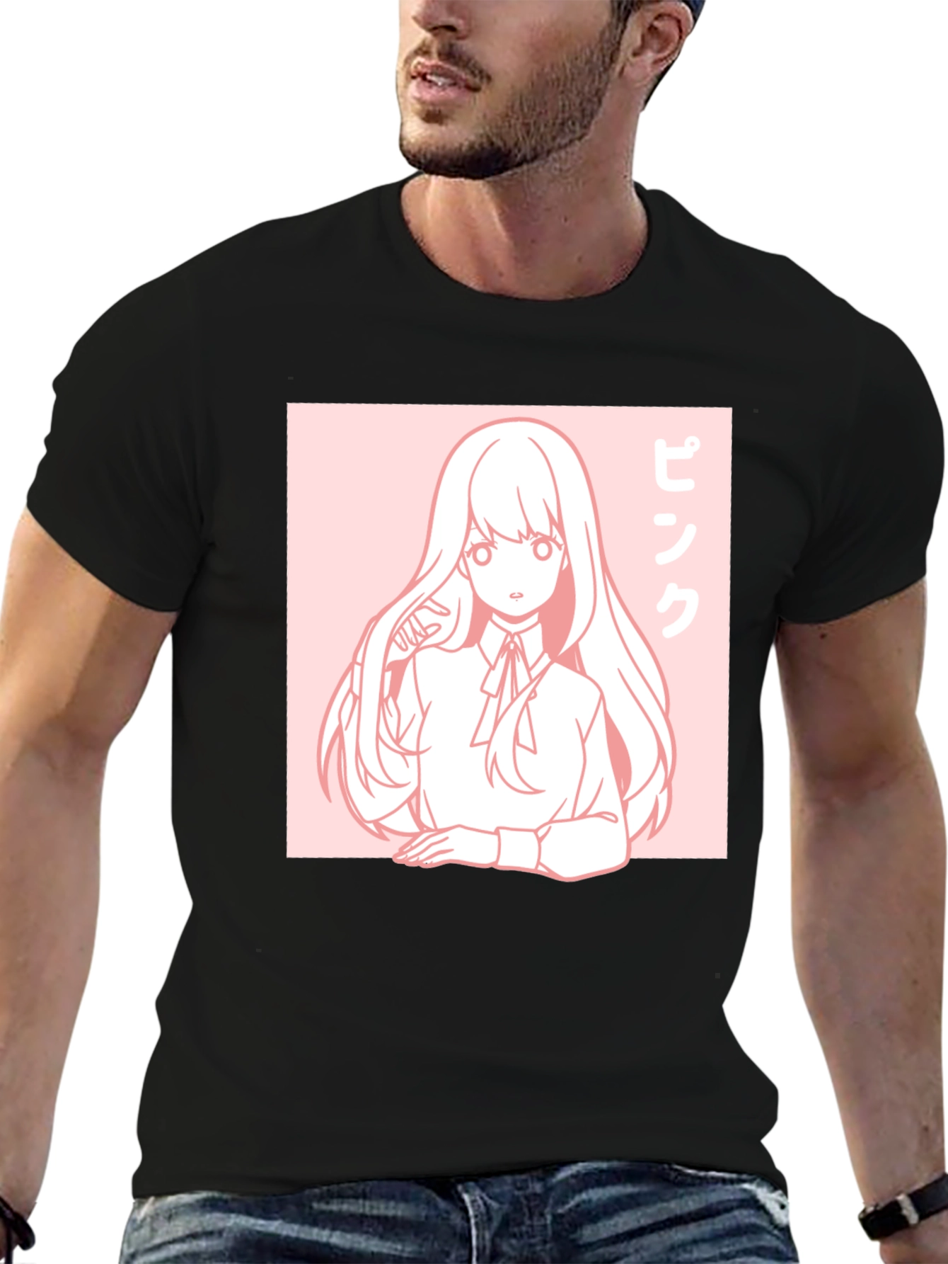 Anime Girl Graphic Tee - Pink Aesthetic Black T-Shirt