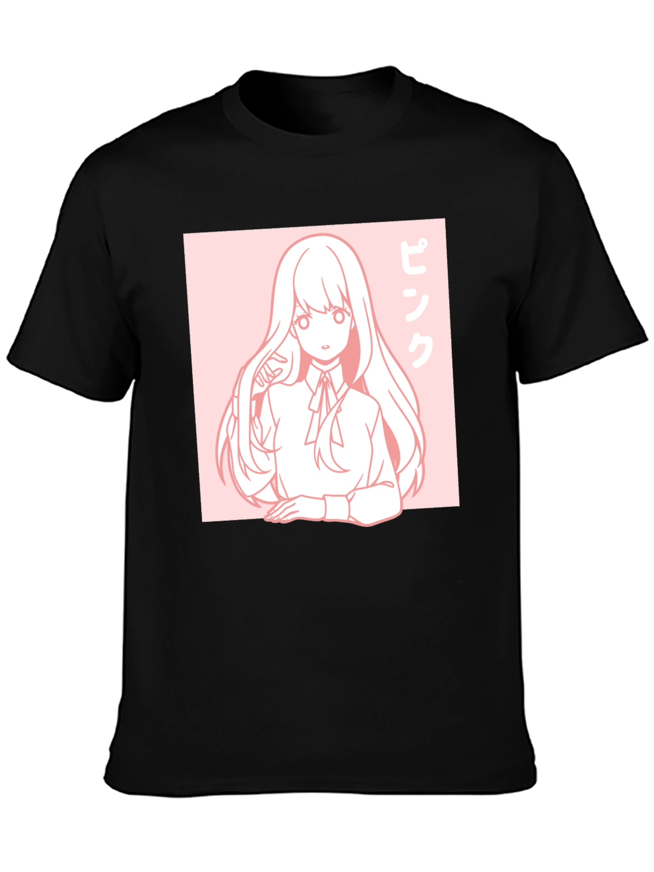 Anime Girl Graphic Tee - Pink Aesthetic Black T-Shirt