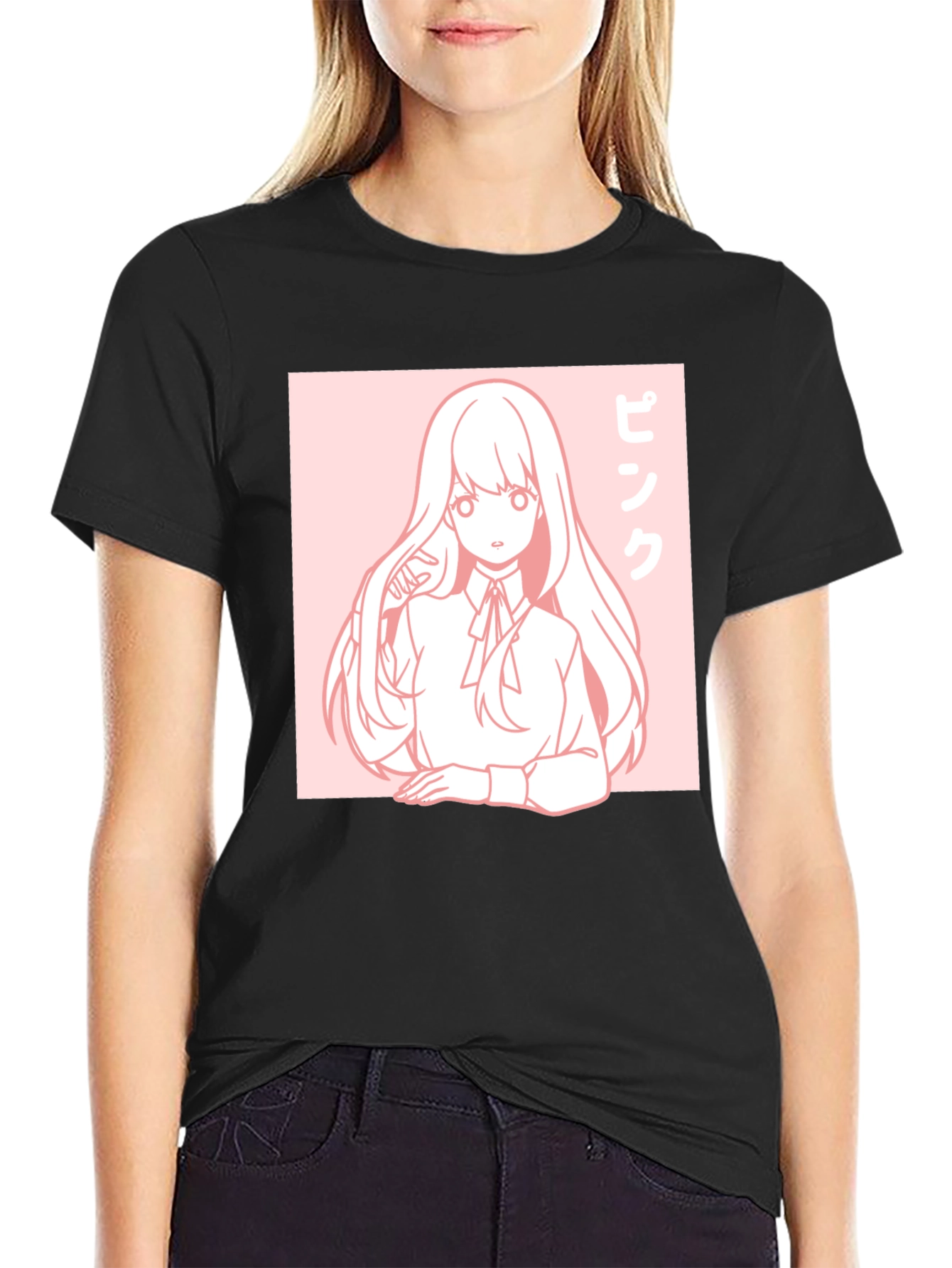 Anime Girl Graphic Tee - Pink Aesthetic Black T-Shirt