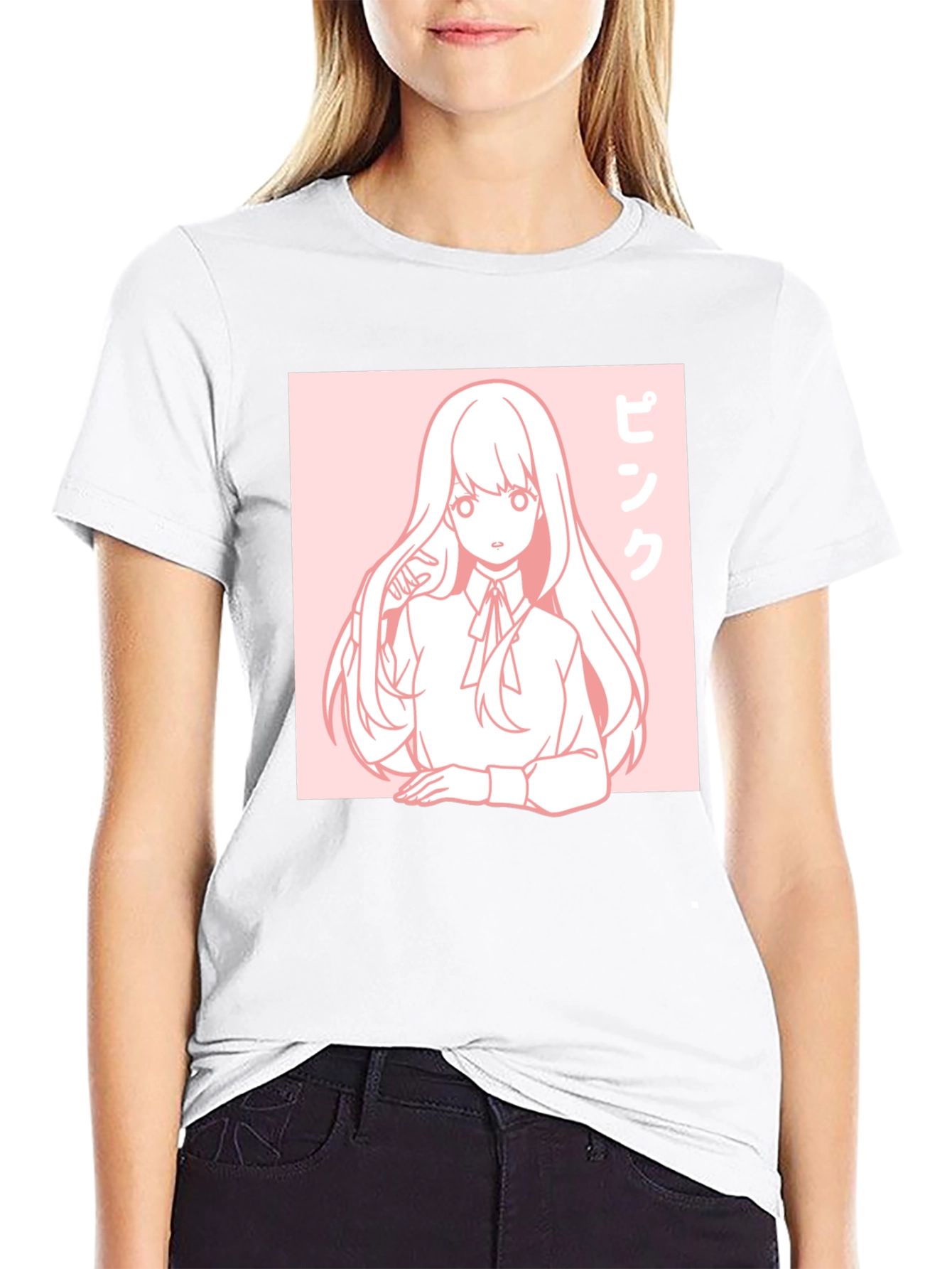 Anime Girl Graphic Tee - Pink Aesthetic Black T-Shirt
