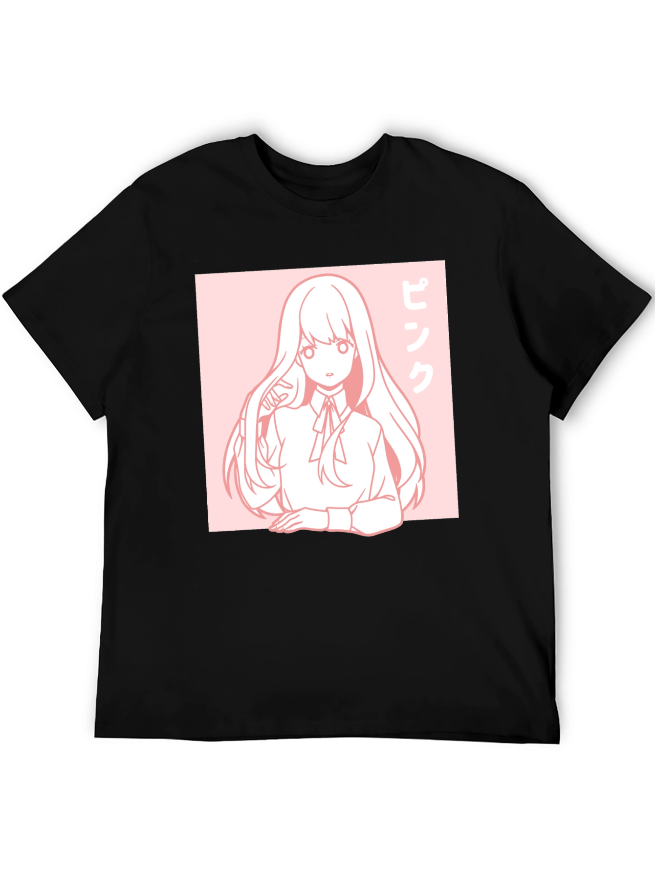 Anime Girl Graphic Tee - Pink Aesthetic Black T-Shirt