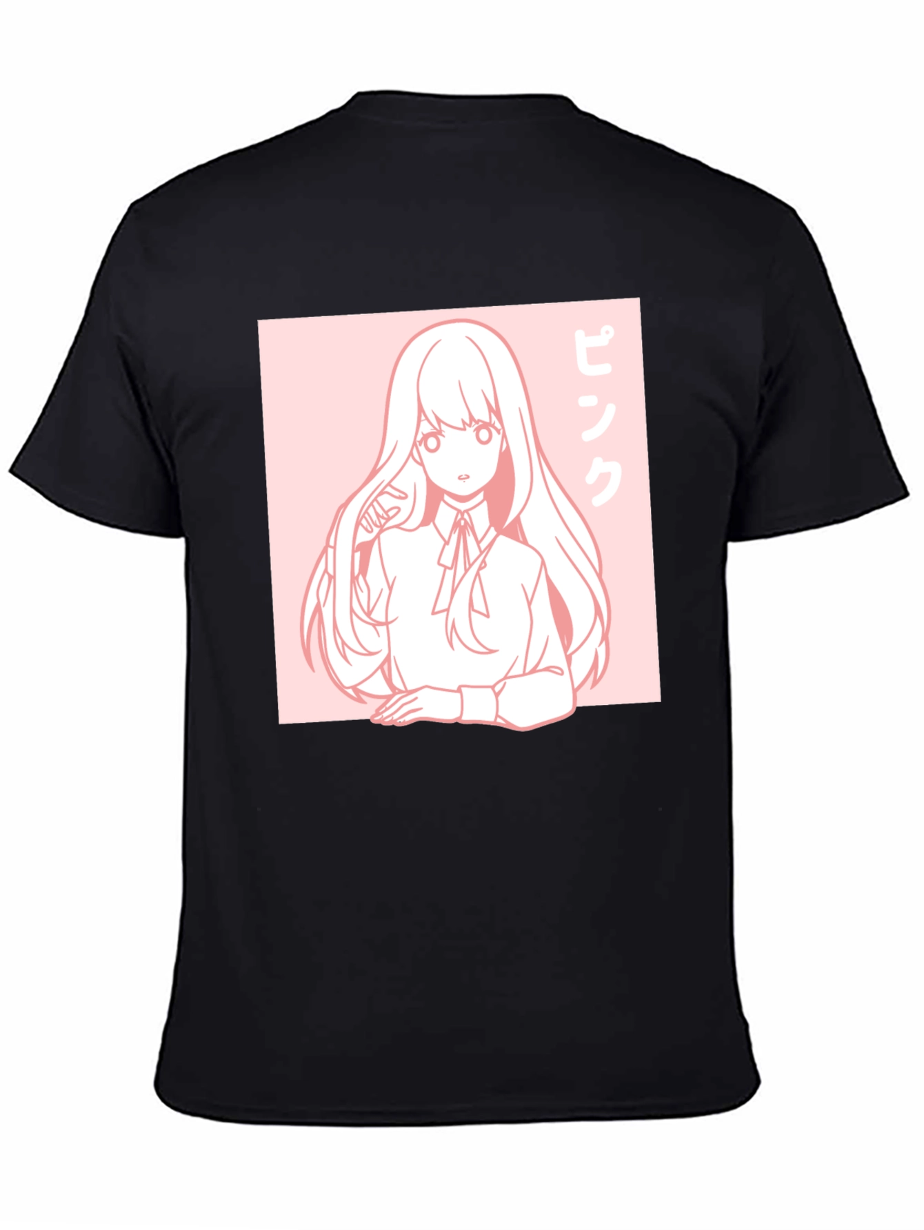 Anime Girl Graphic Tee - Pink Aesthetic Black T-Shirt