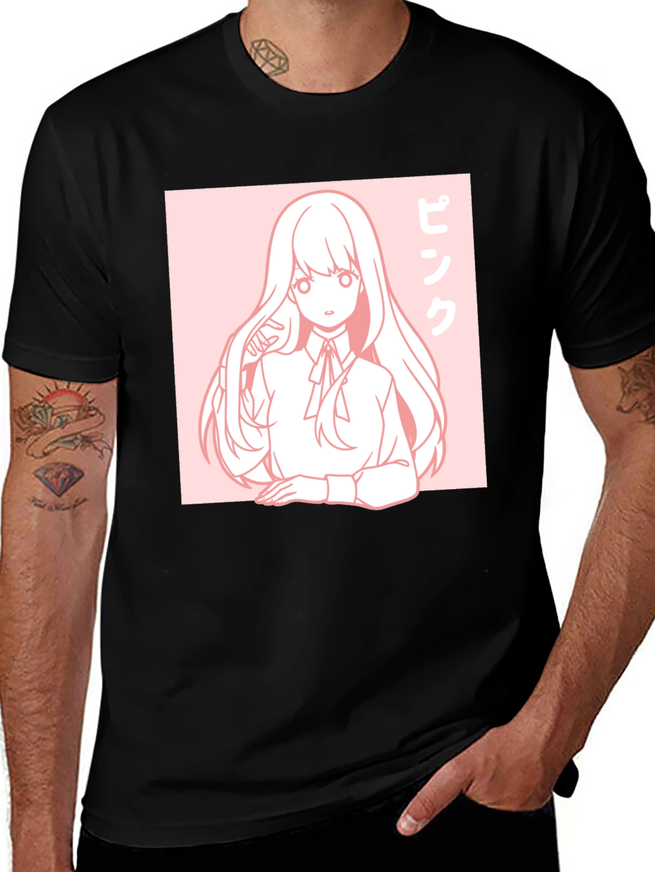 Anime Girl Graphic Tee - Pink Aesthetic Black T-Shirt