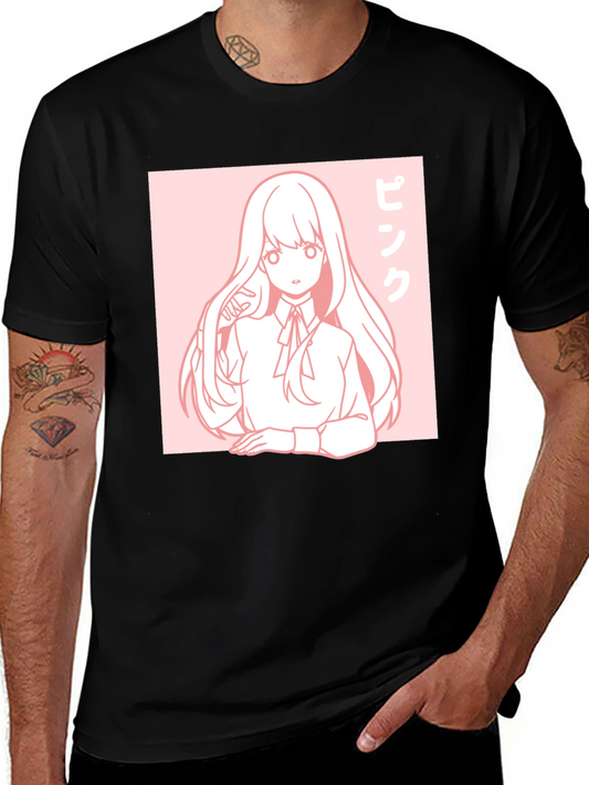 Anime Girl Graphic Tee - Pink Aesthetic Black T-Shirt