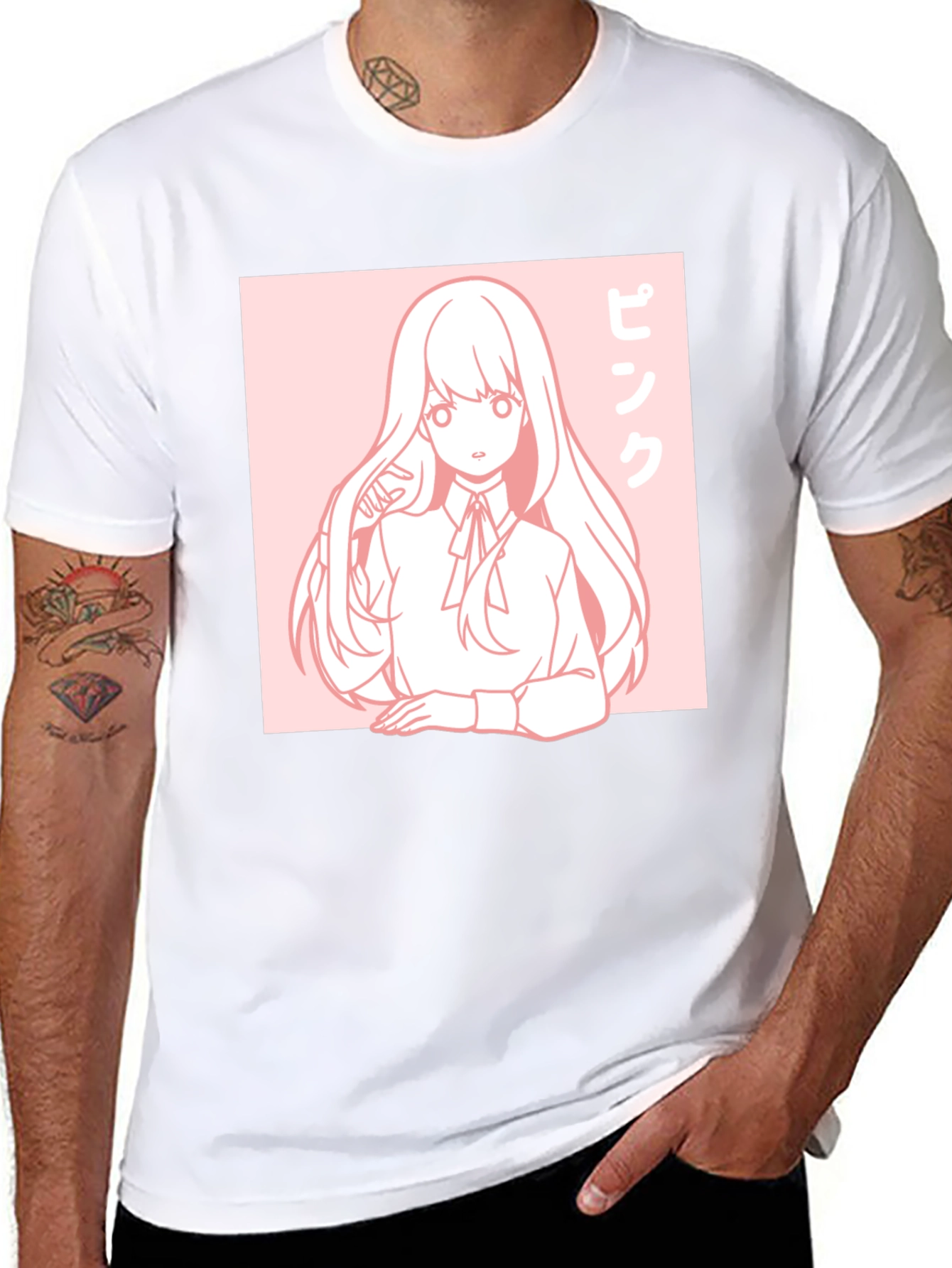 Anime Girl Graphic Tee - Pink Aesthetic Black T-Shirt