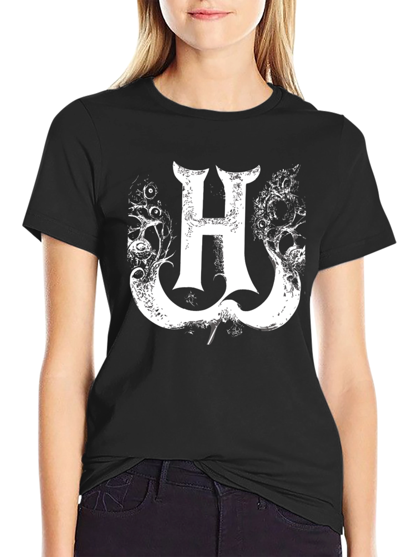 Statement Black Tee with Gothic H Graphic