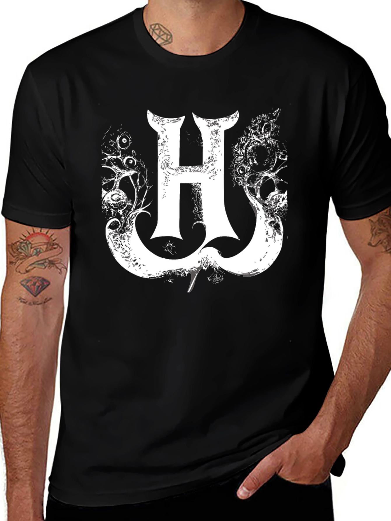 Statement Black Tee with Gothic H Graphic