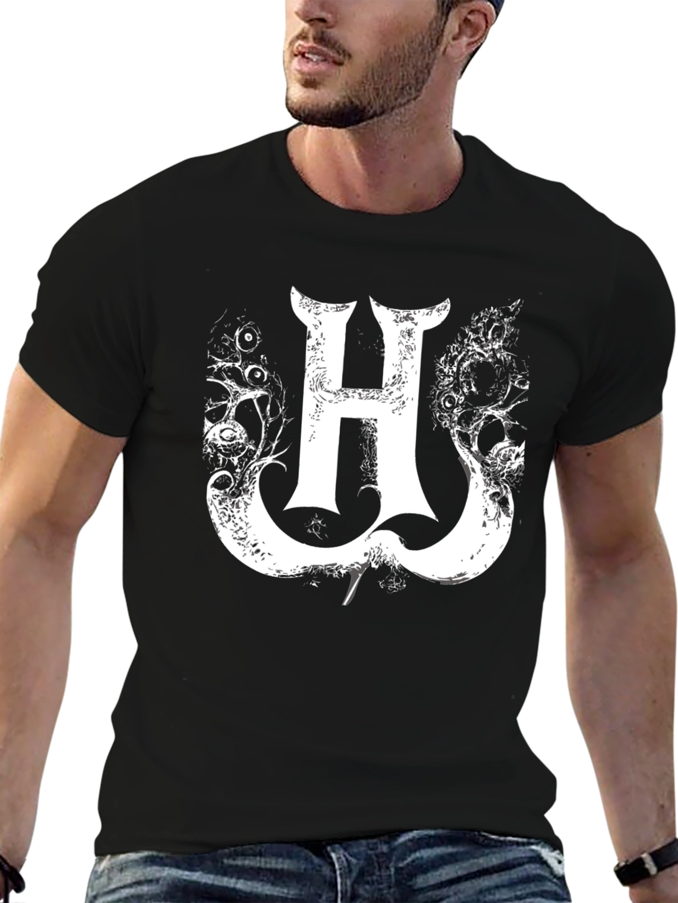 Statement Black Tee with Gothic H Graphic