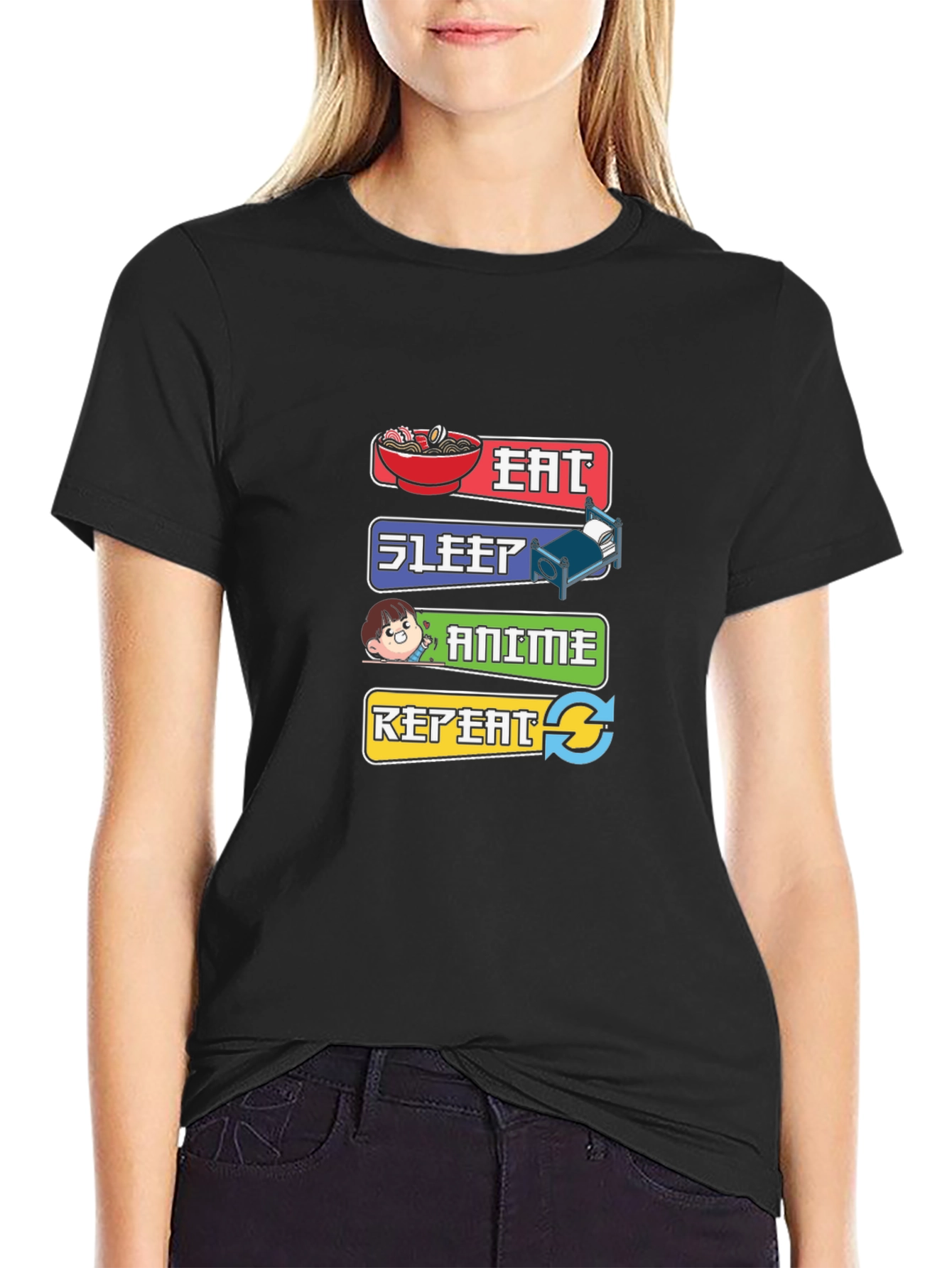 Eat Sleep Anime Repeat Black T-Shirt
