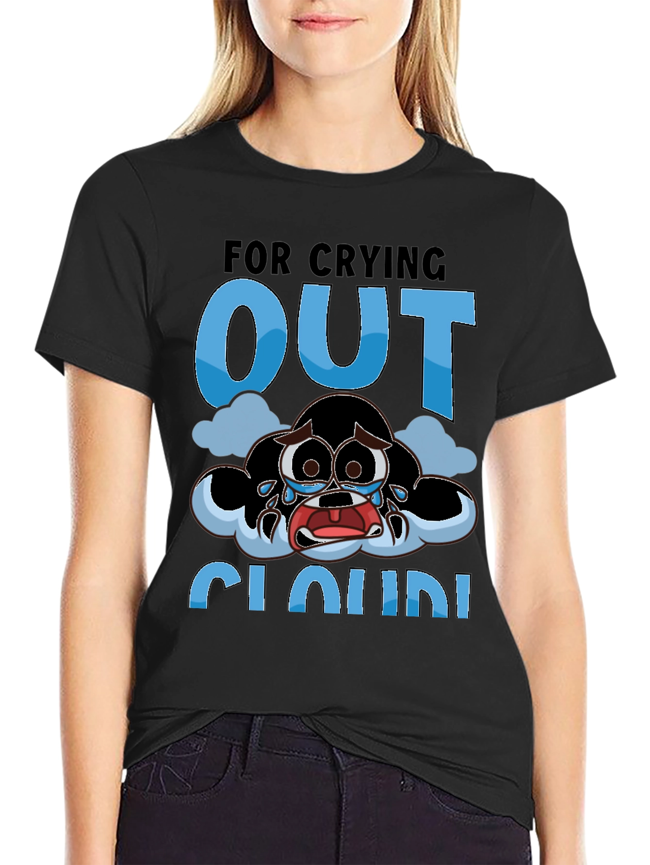 Crying Cloud Cartoon T-Shirt - Black