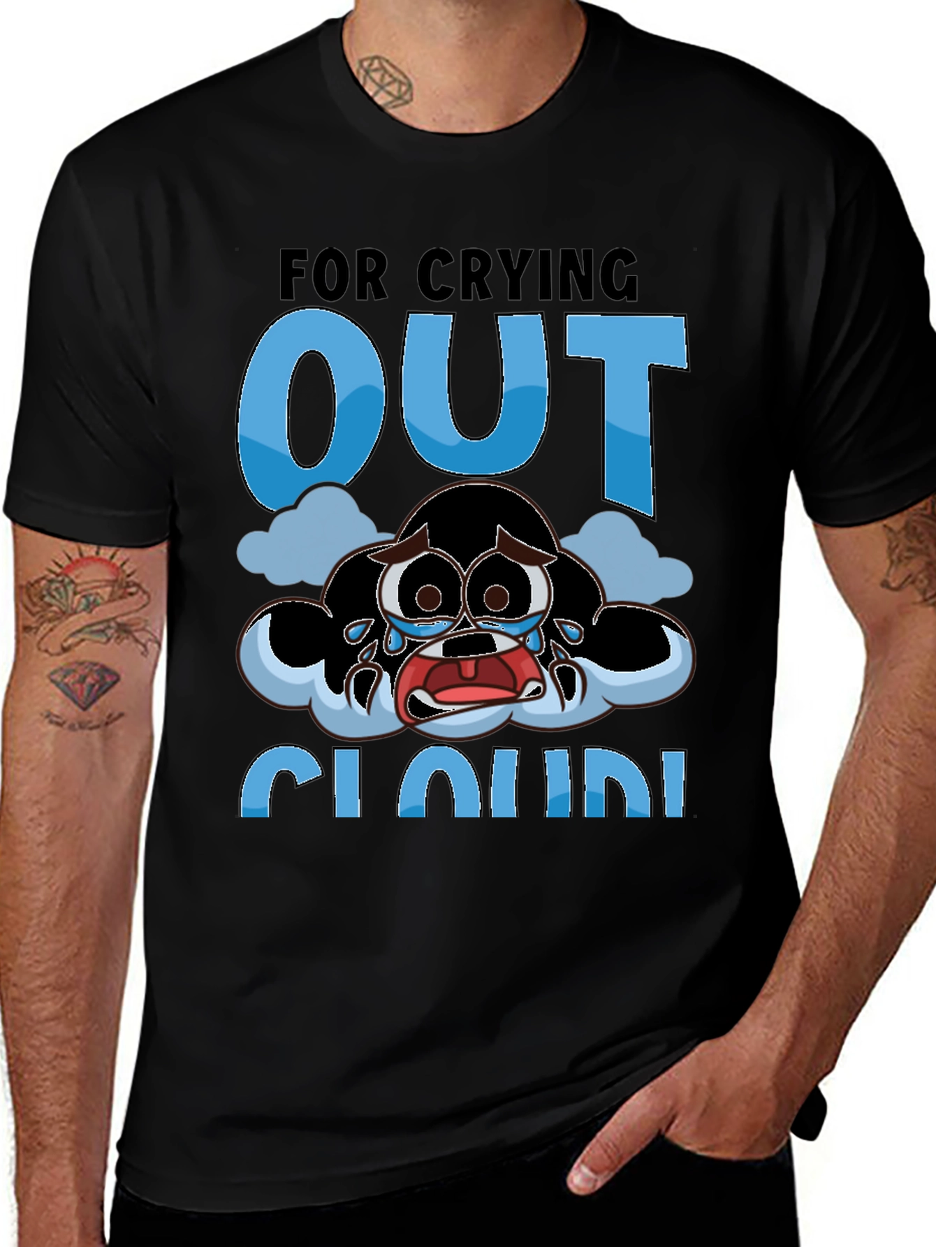 Crying Cloud Cartoon T-Shirt - Black
