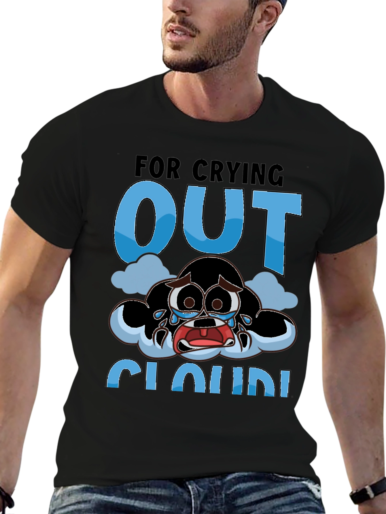 Crying Cloud Cartoon T-Shirt - Black
