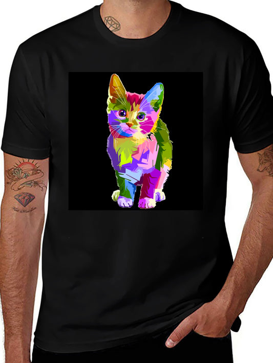 Colorful Kitten Graphic Print Black T-Shirt