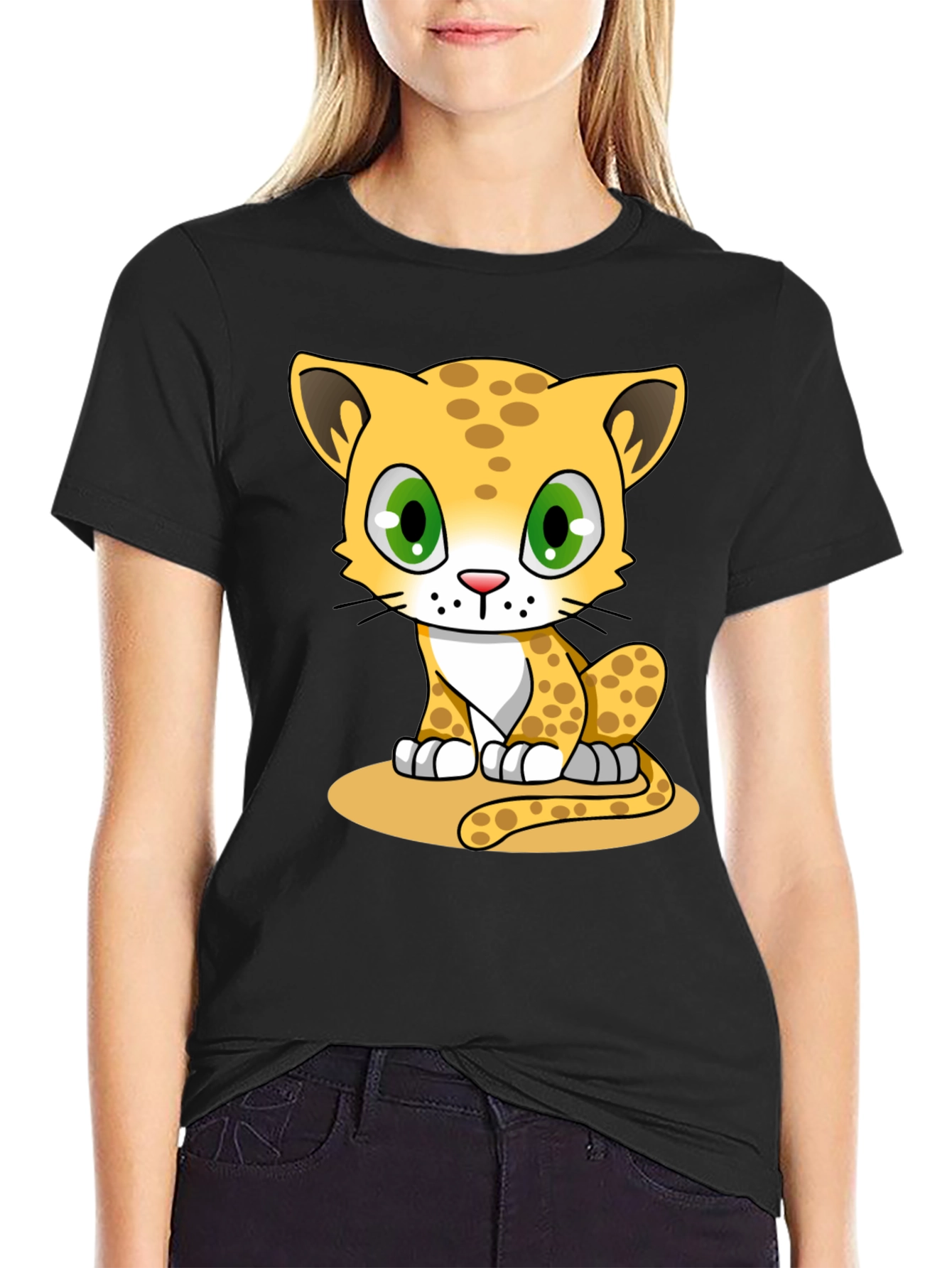 Cute Cartoon Cheetah Graphic Tee - Black