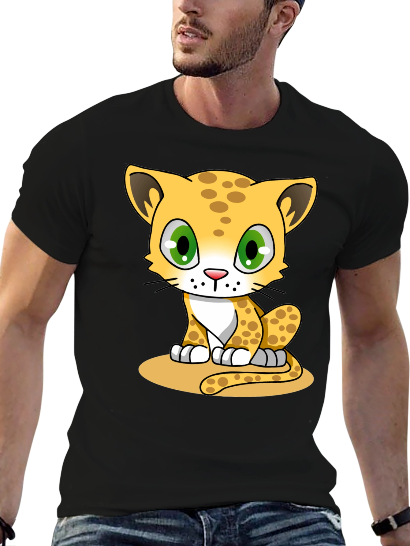 Cute Cartoon Cheetah Graphic Tee - Black