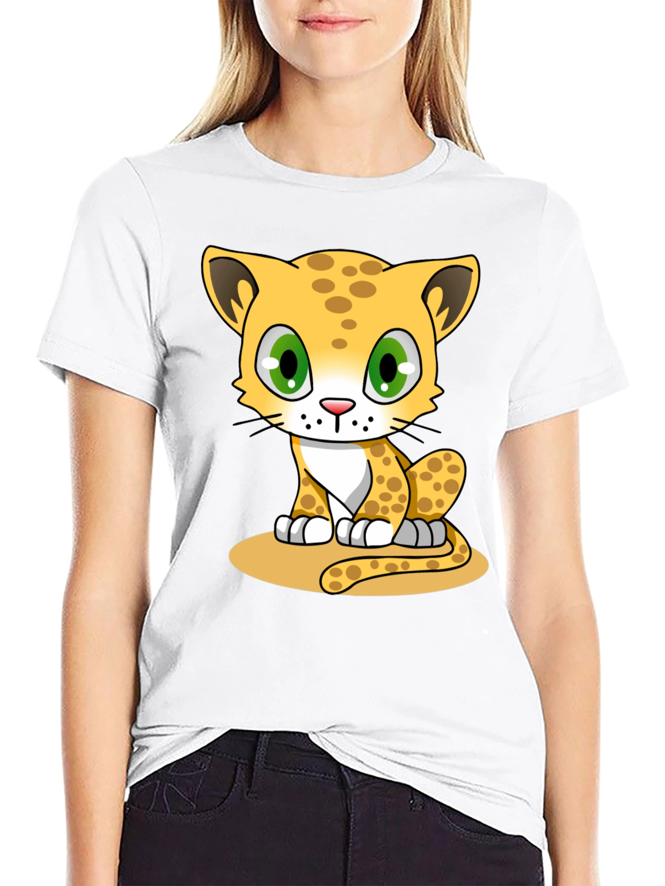 Cute Cartoon Cheetah Graphic Tee - Black
