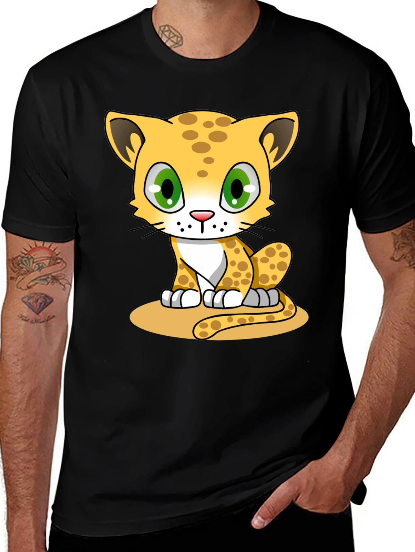 Cute Cartoon Cheetah Graphic Tee - Black
