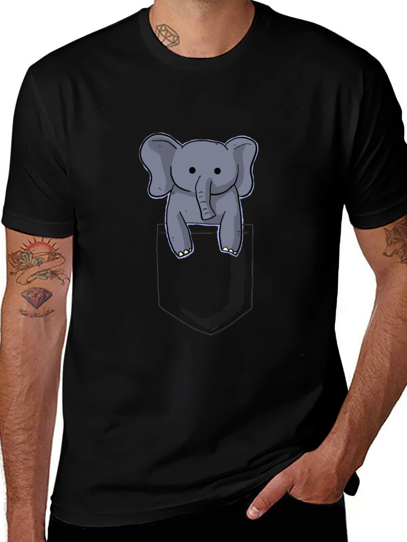 Cute Elephant in Pocket Black T-Shirt