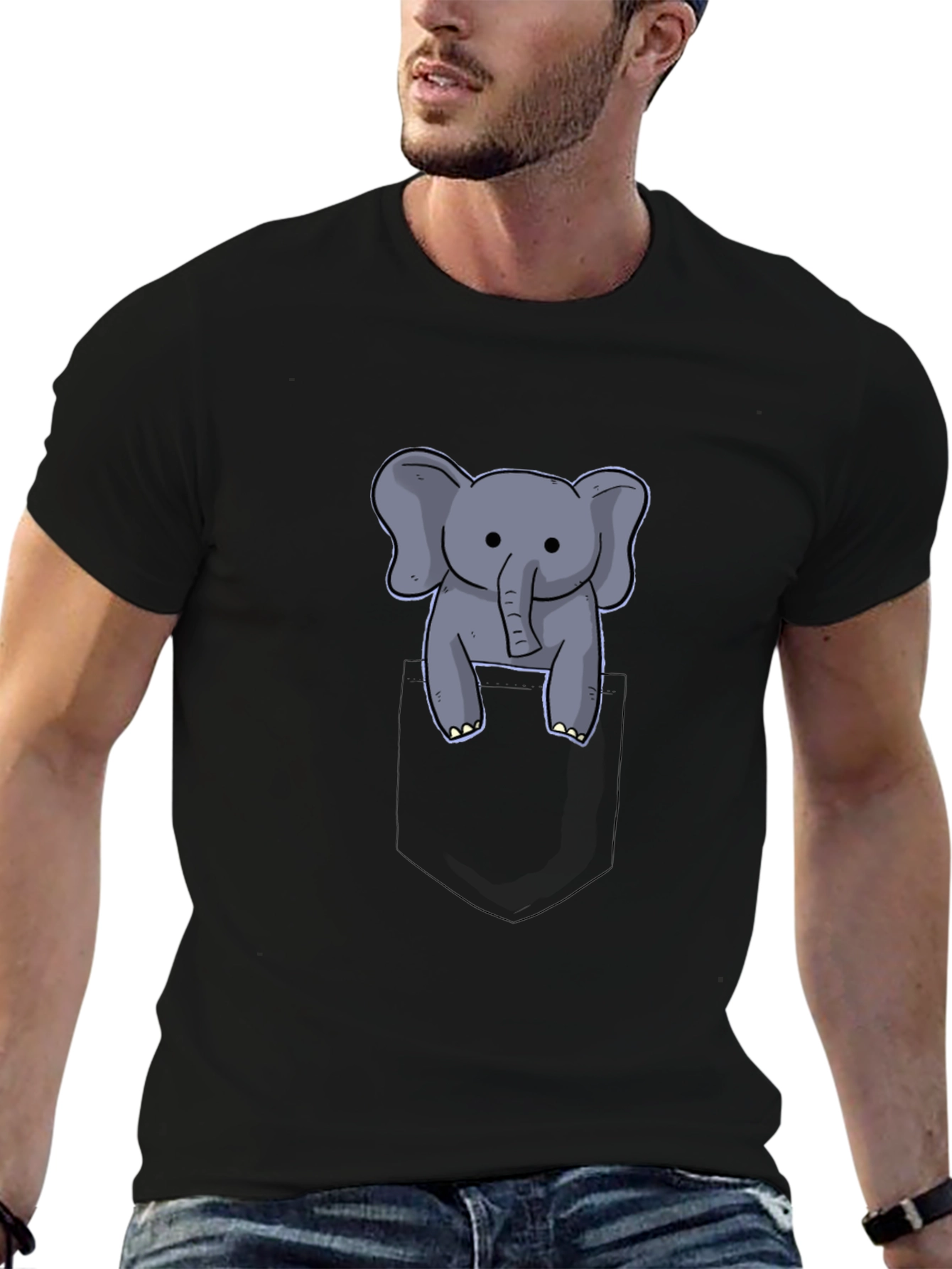 Cute Elephant in Pocket Black T-Shirt