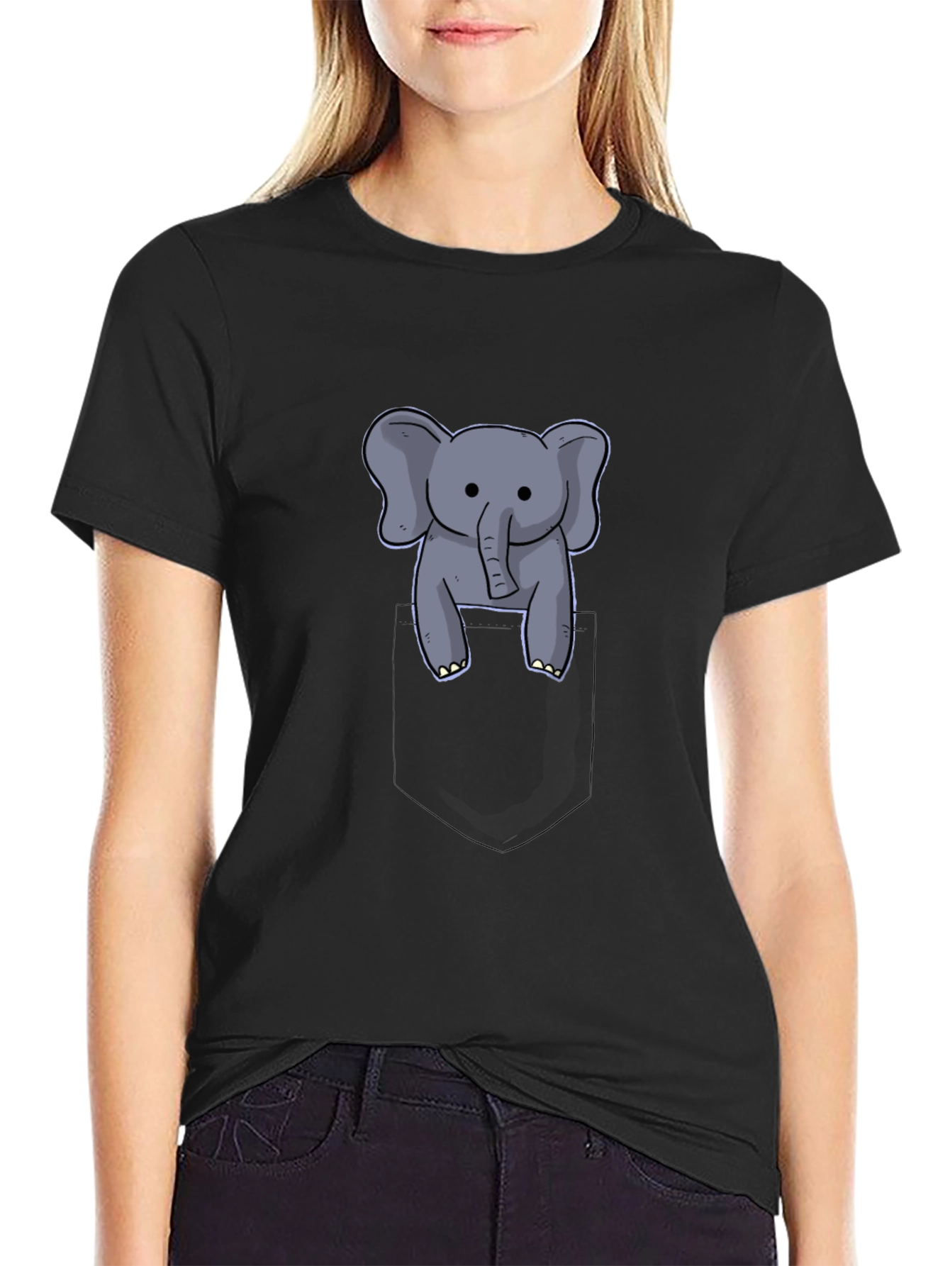 Cute Elephant in Pocket Black T-Shirt