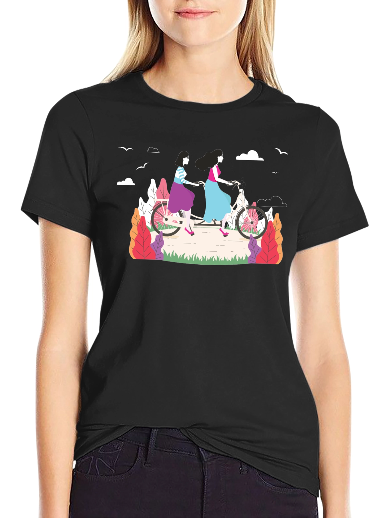 Stylish Womens Tandem Bike Graphic Tee - Black