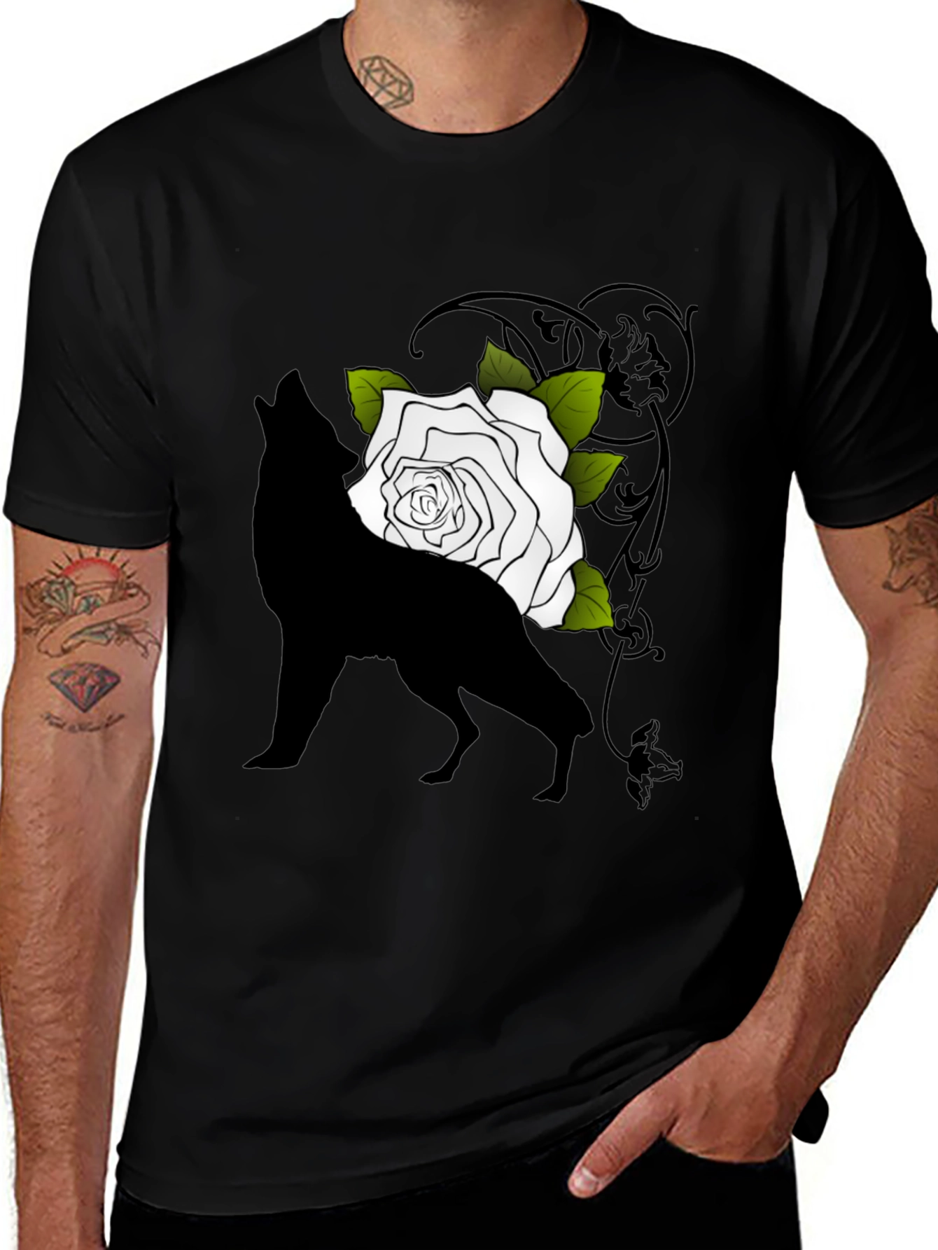 Wolf and Rose Graphic Tee - Mens Black T-Shirt