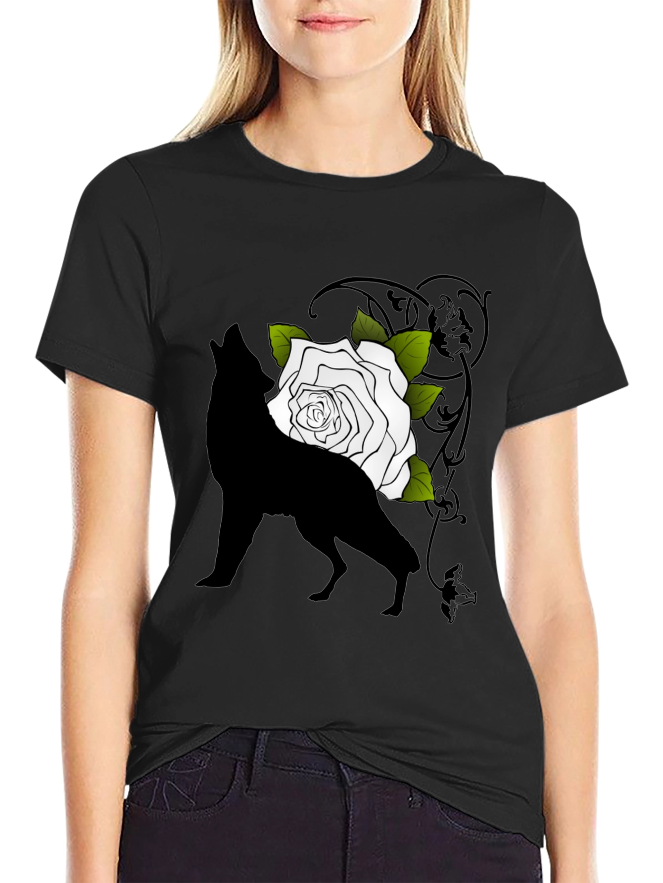 Wolf and Rose Graphic Tee - Mens Black T-Shirt