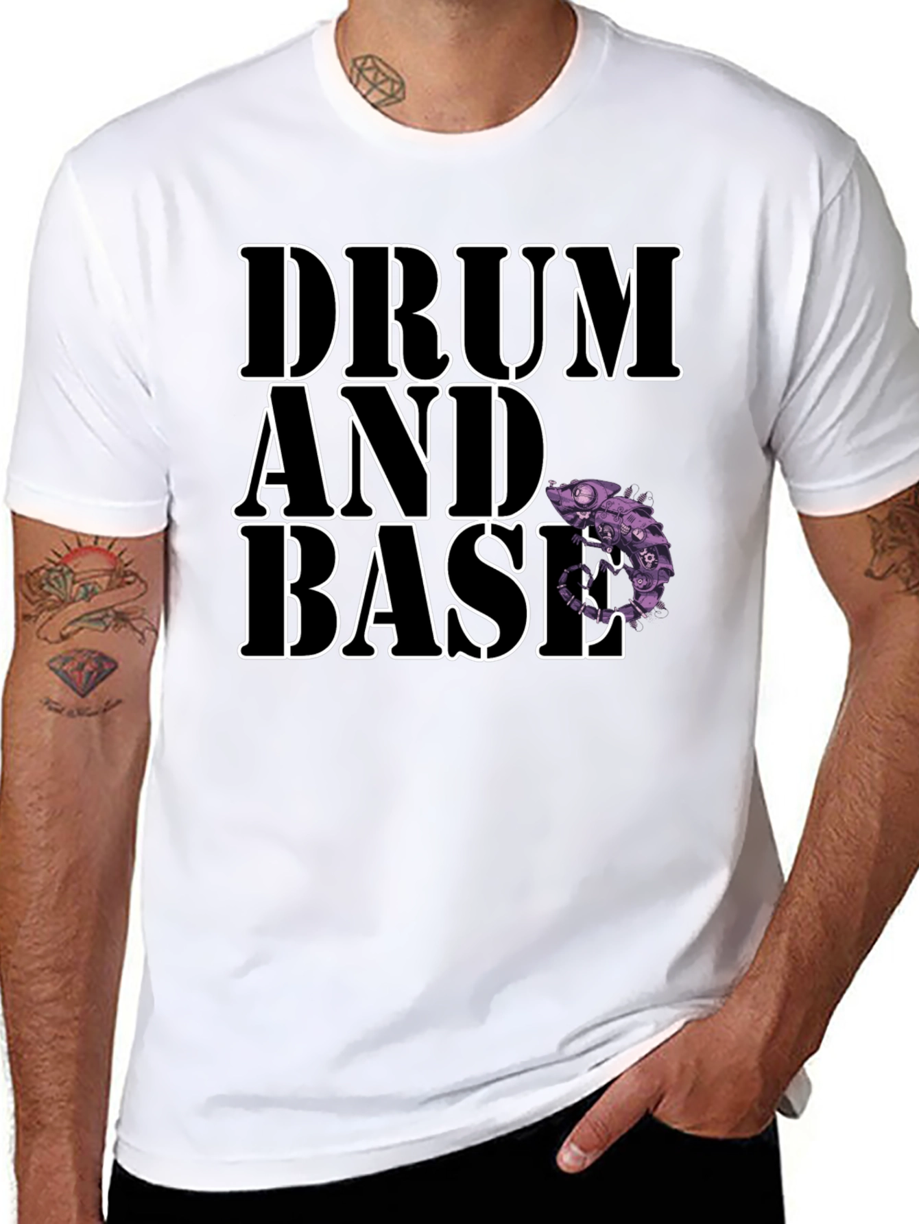 Drum and Bass Black T-Shirt with Chameleon Design
