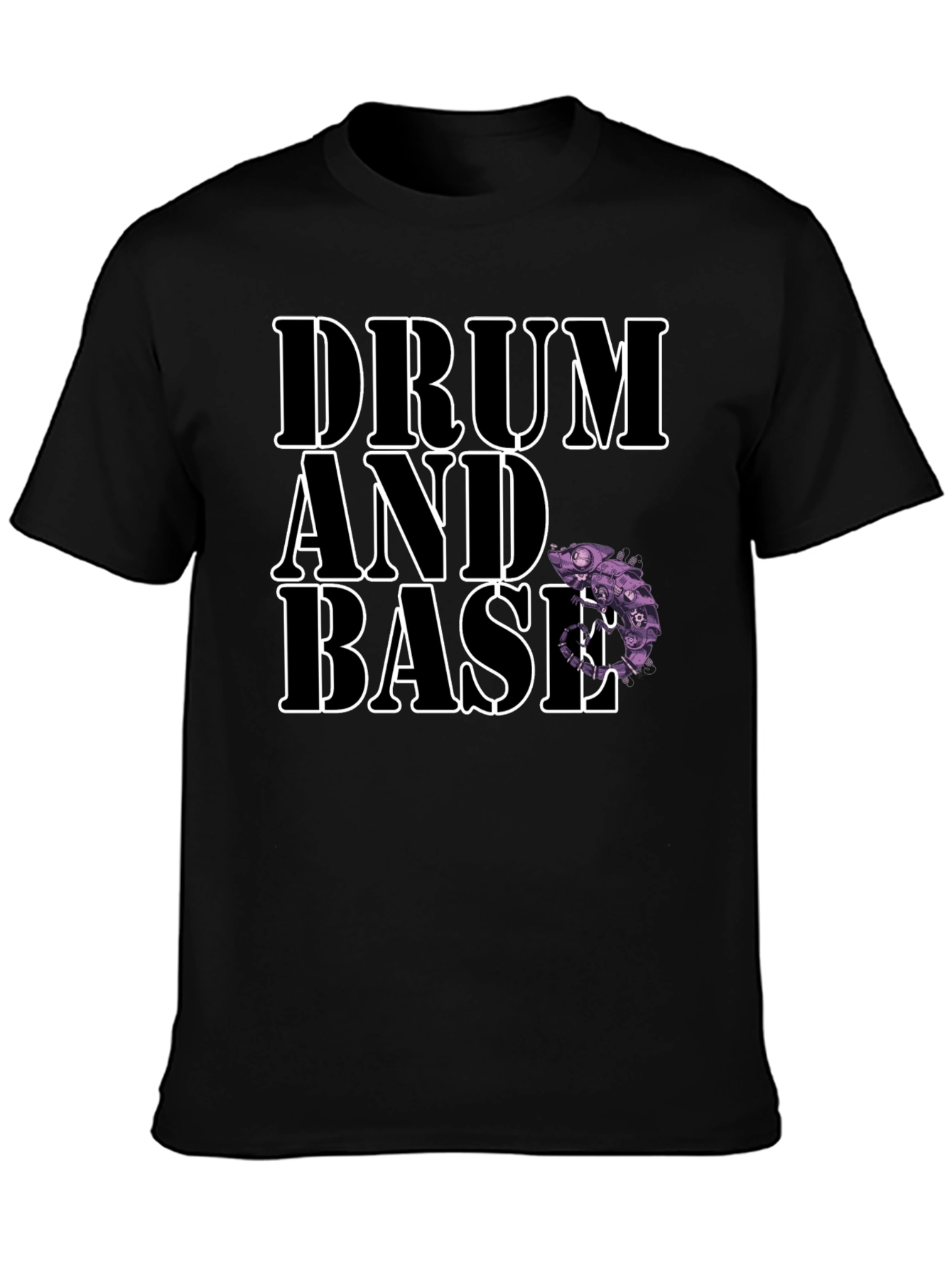 Drum and Bass Black T-Shirt with Chameleon Design