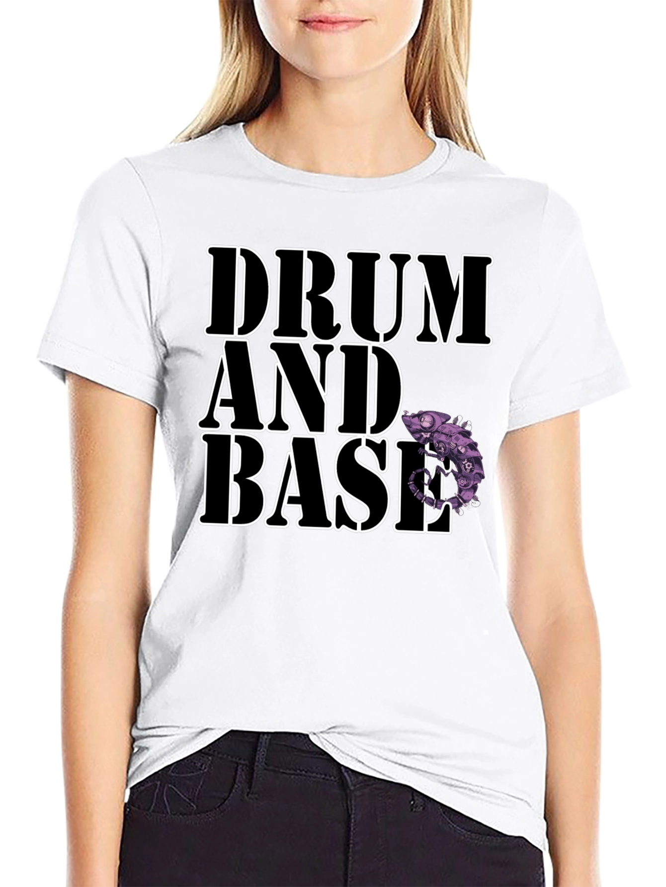 Drum and Bass Black T-Shirt with Chameleon Design