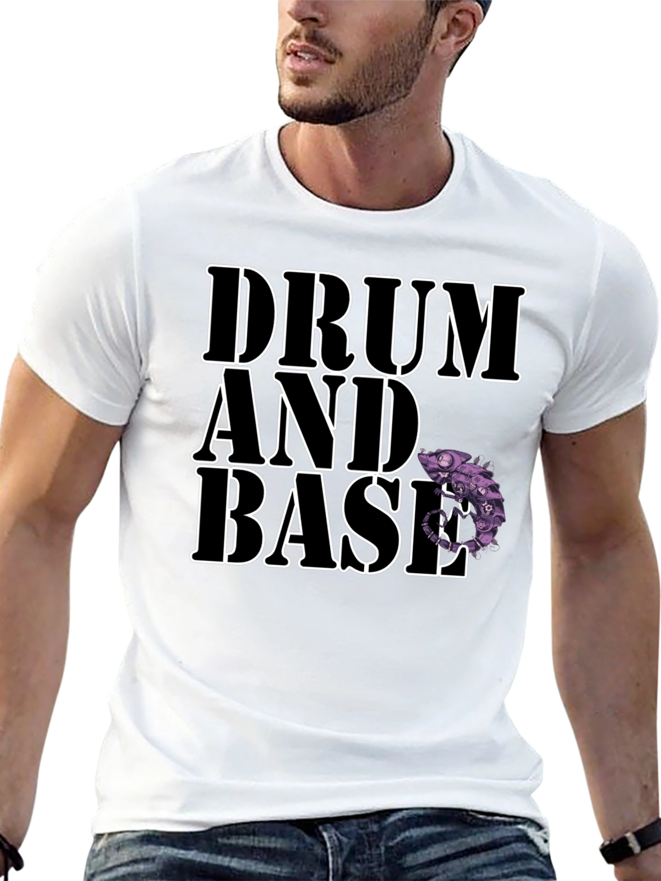 Drum and Bass Black T-Shirt with Chameleon Design