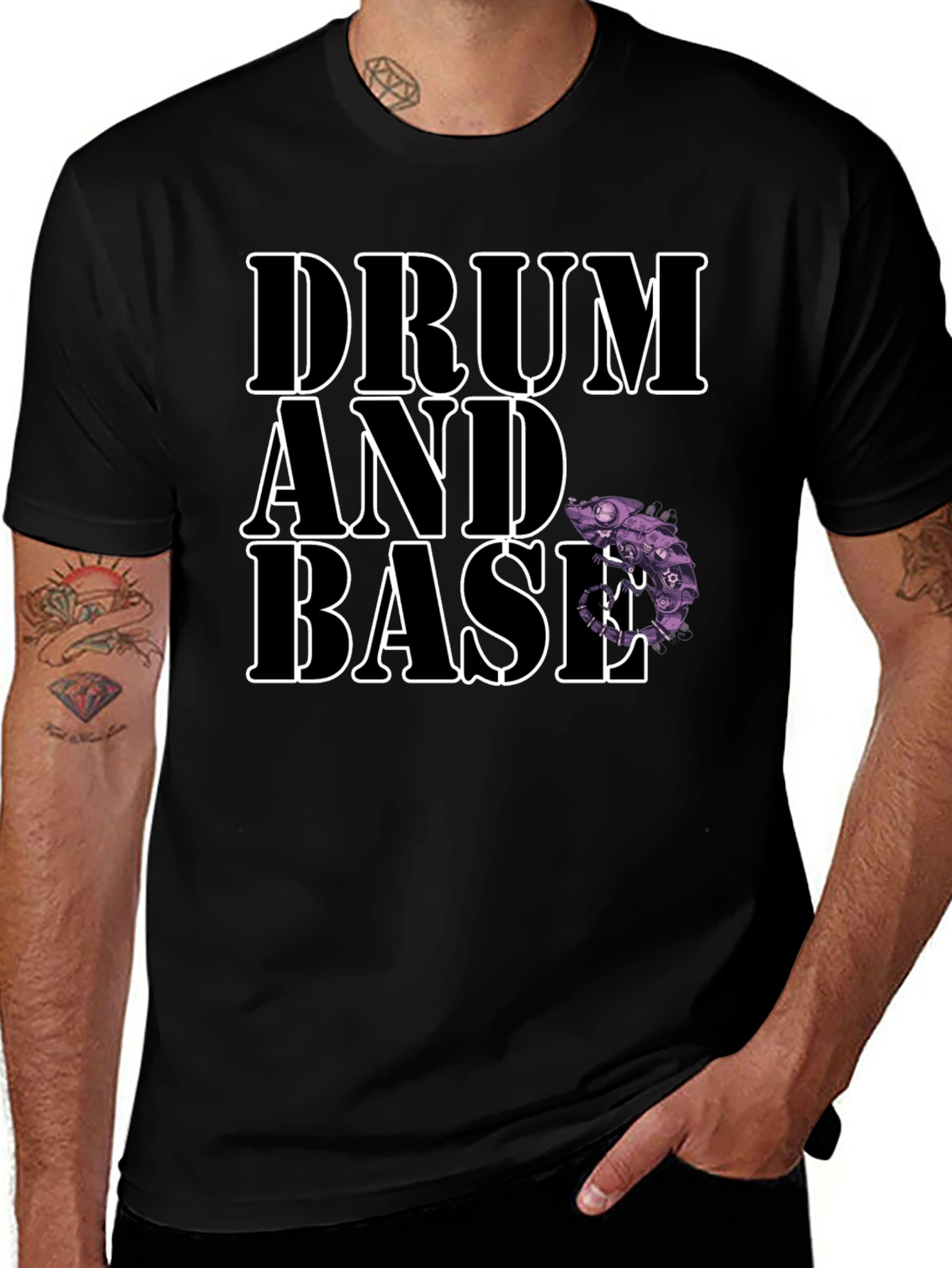 Drum and Bass Black T-Shirt with Chameleon Design