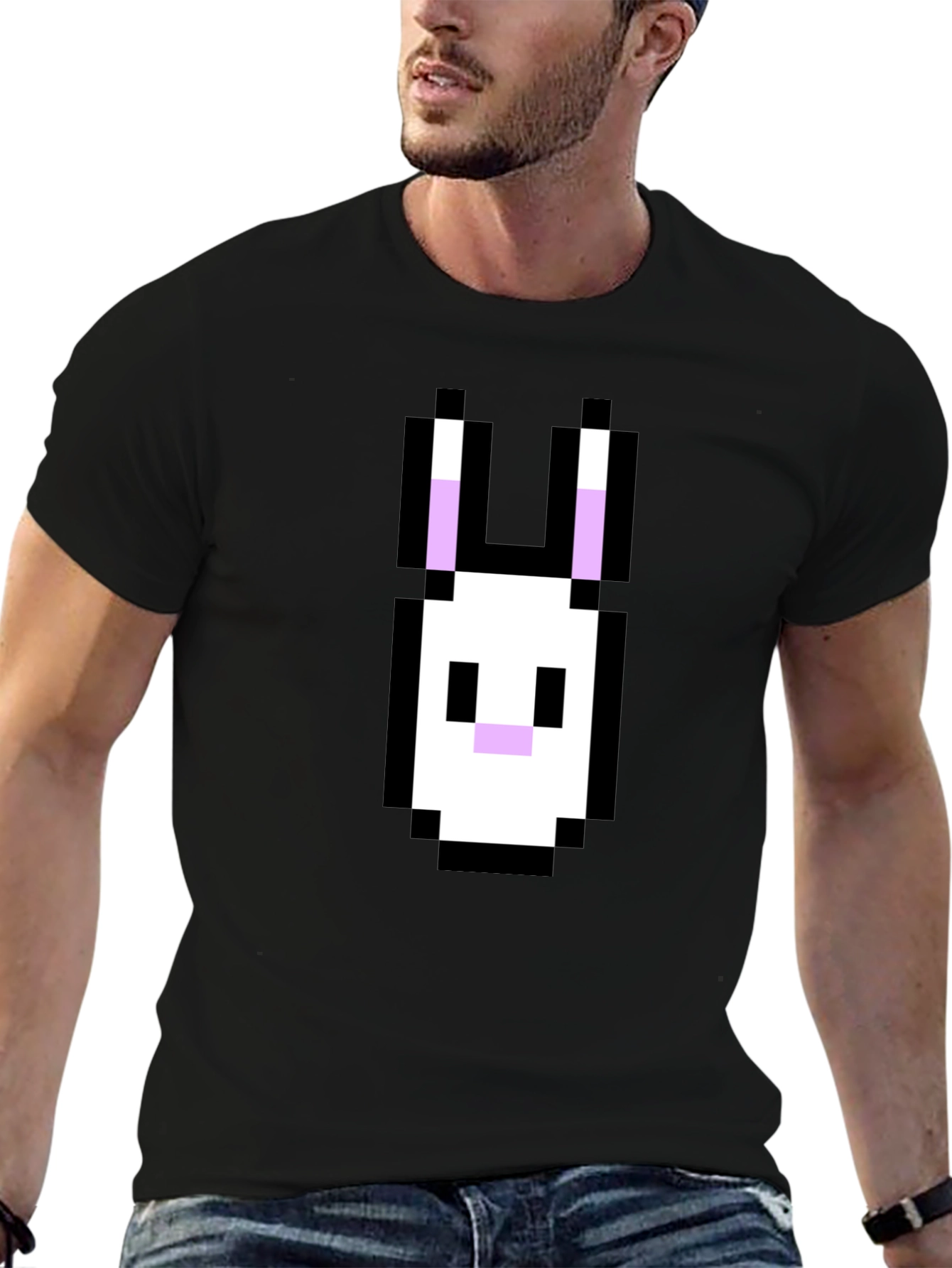 Pixel Rabbit Graphic Tee - Black Cotton Blend Shirt
