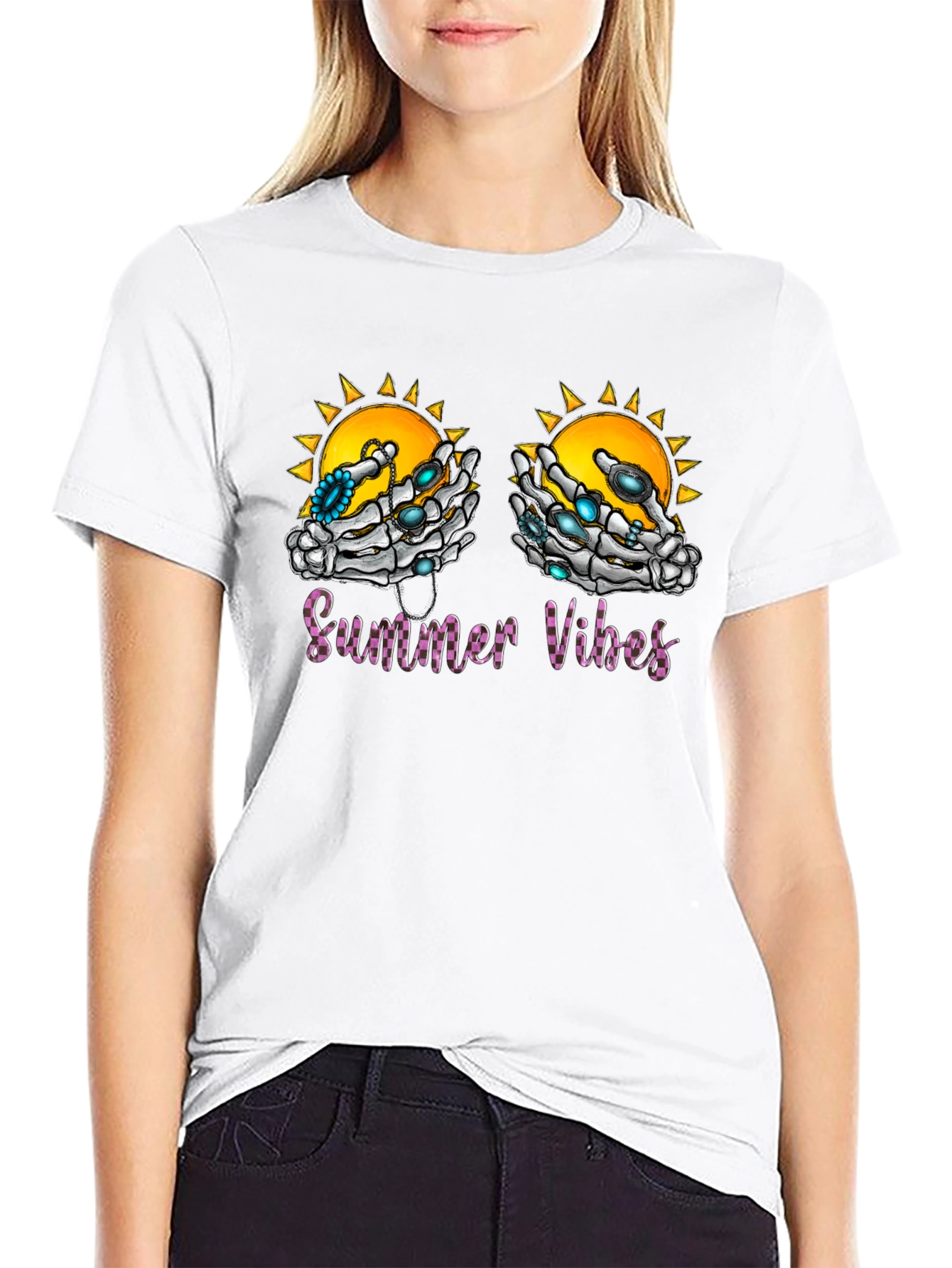 Summer Vibes Skeleton Hands Graphic T-Shirt