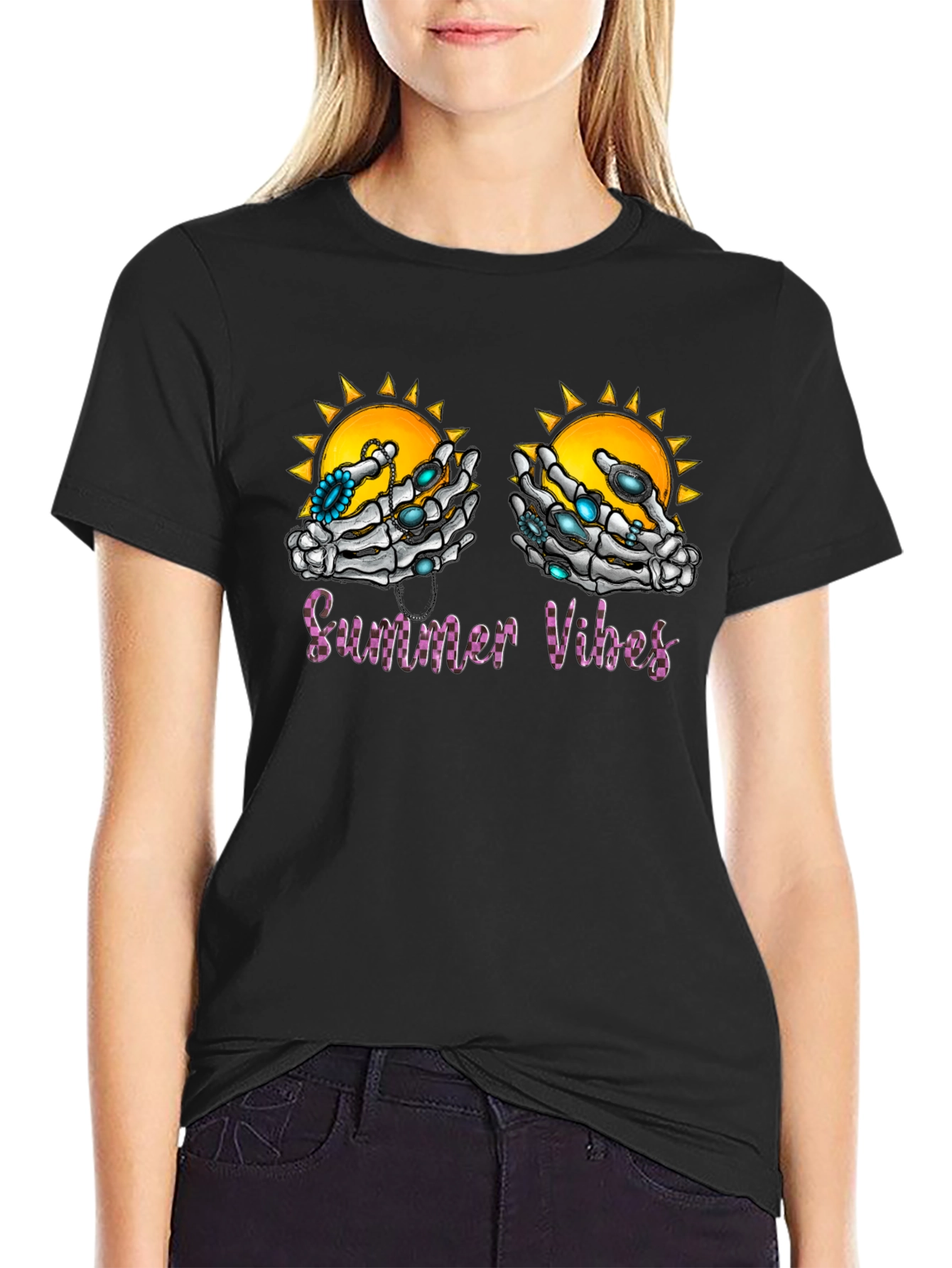 Summer Vibes Skeleton Hands Graphic T-Shirt