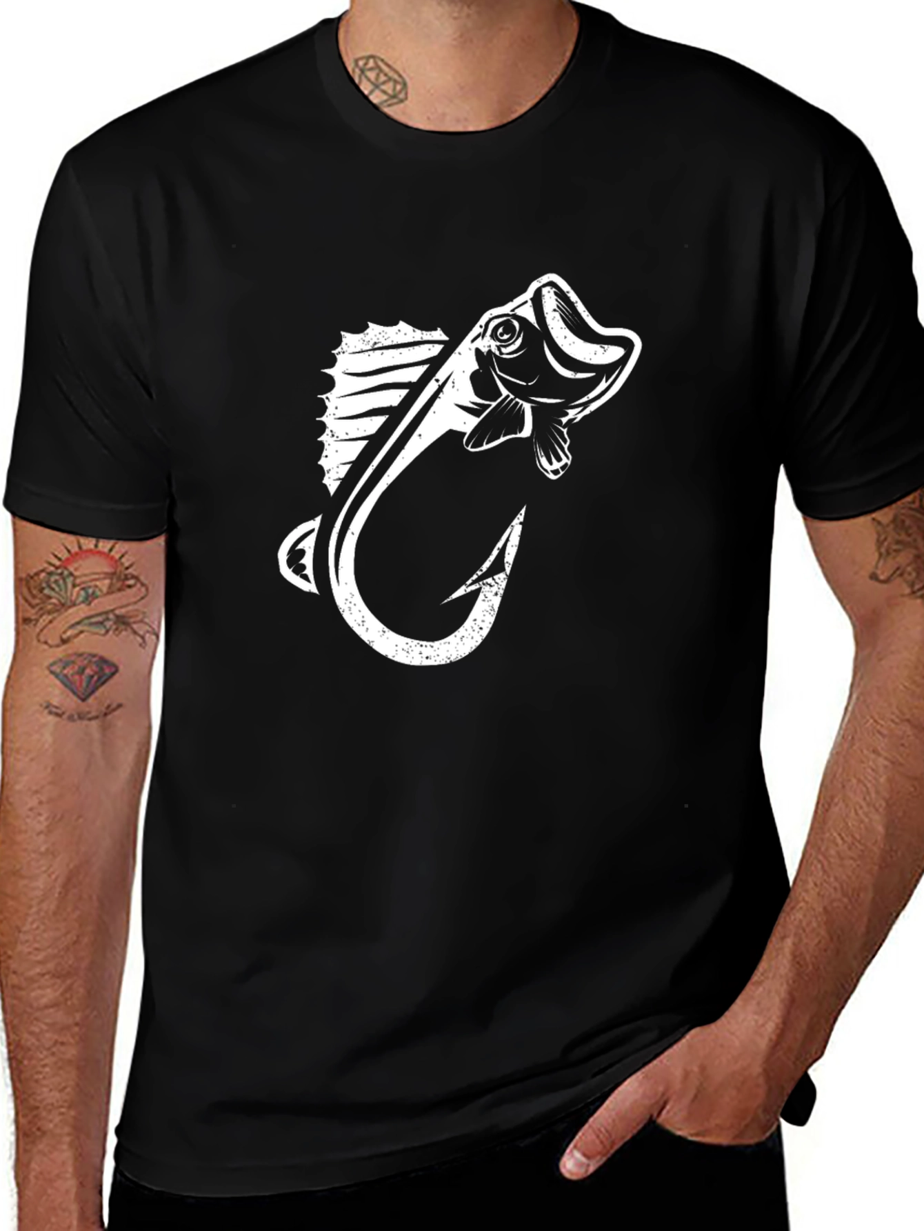 Fishing Hook & Bass Graphic Tee - Black