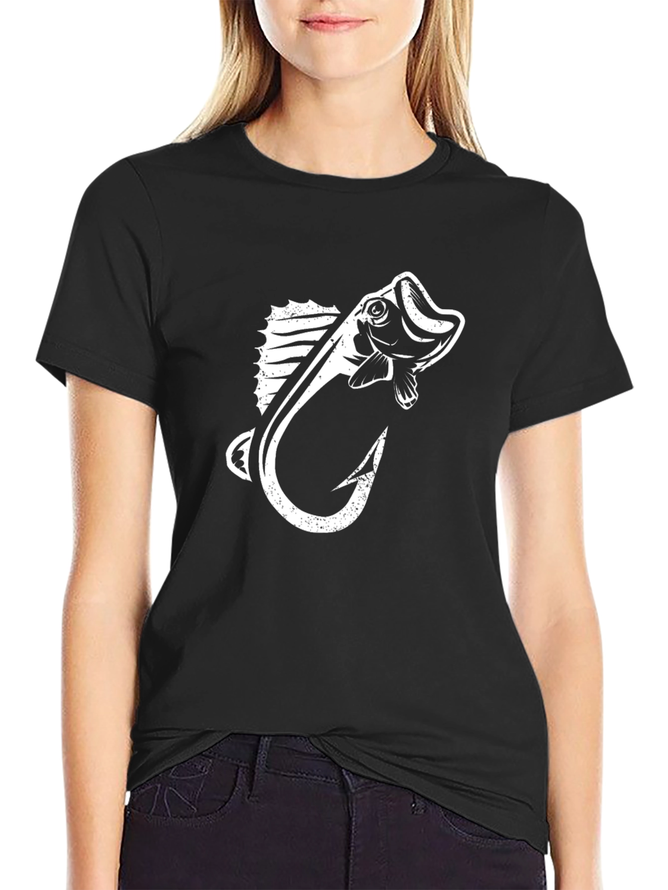 Fishing Hook & Bass Graphic Tee - Black